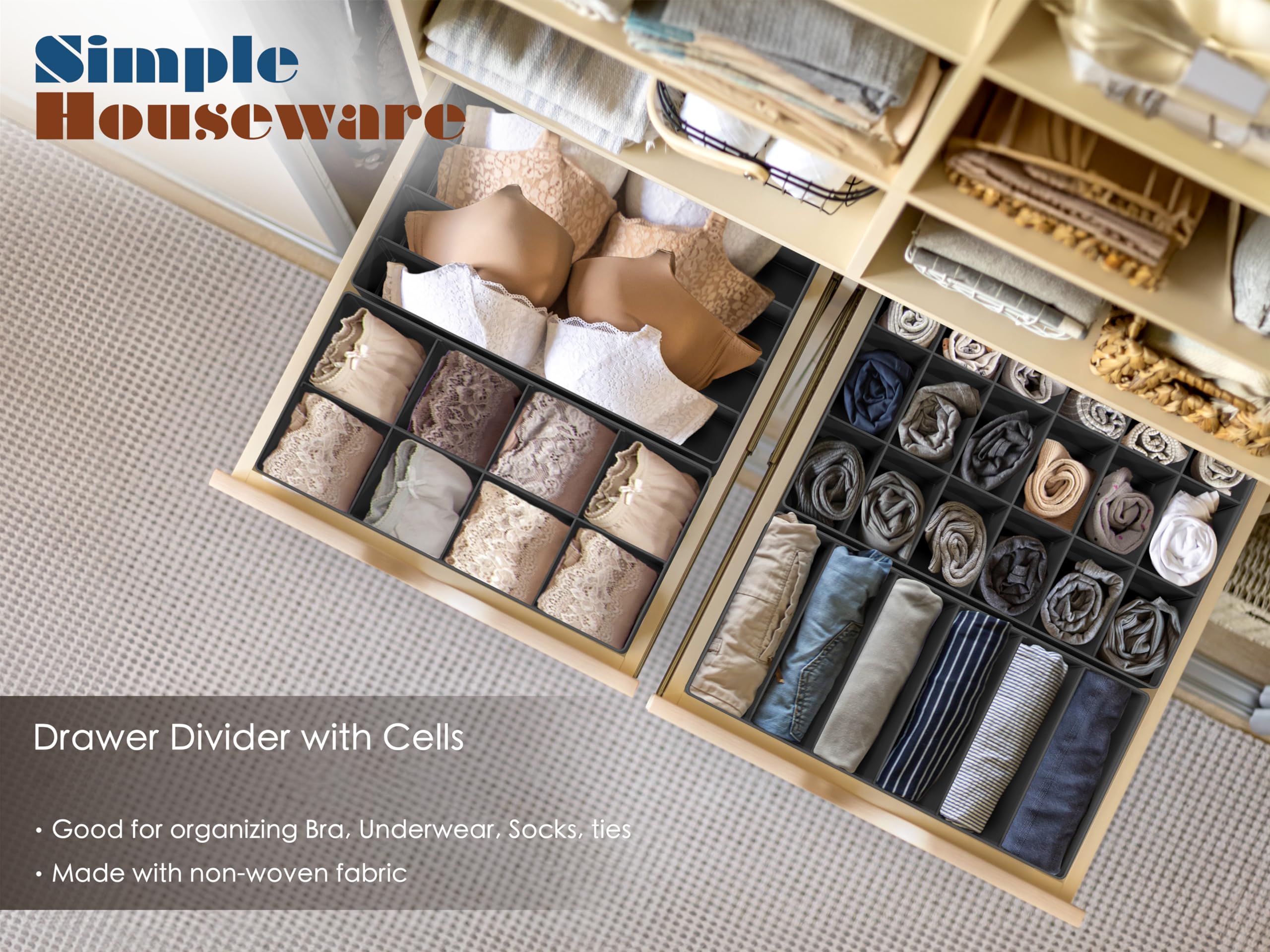 Simple Houseware Closet Underwear Organizer Drawer Divider 4 Set, Dark Grey
