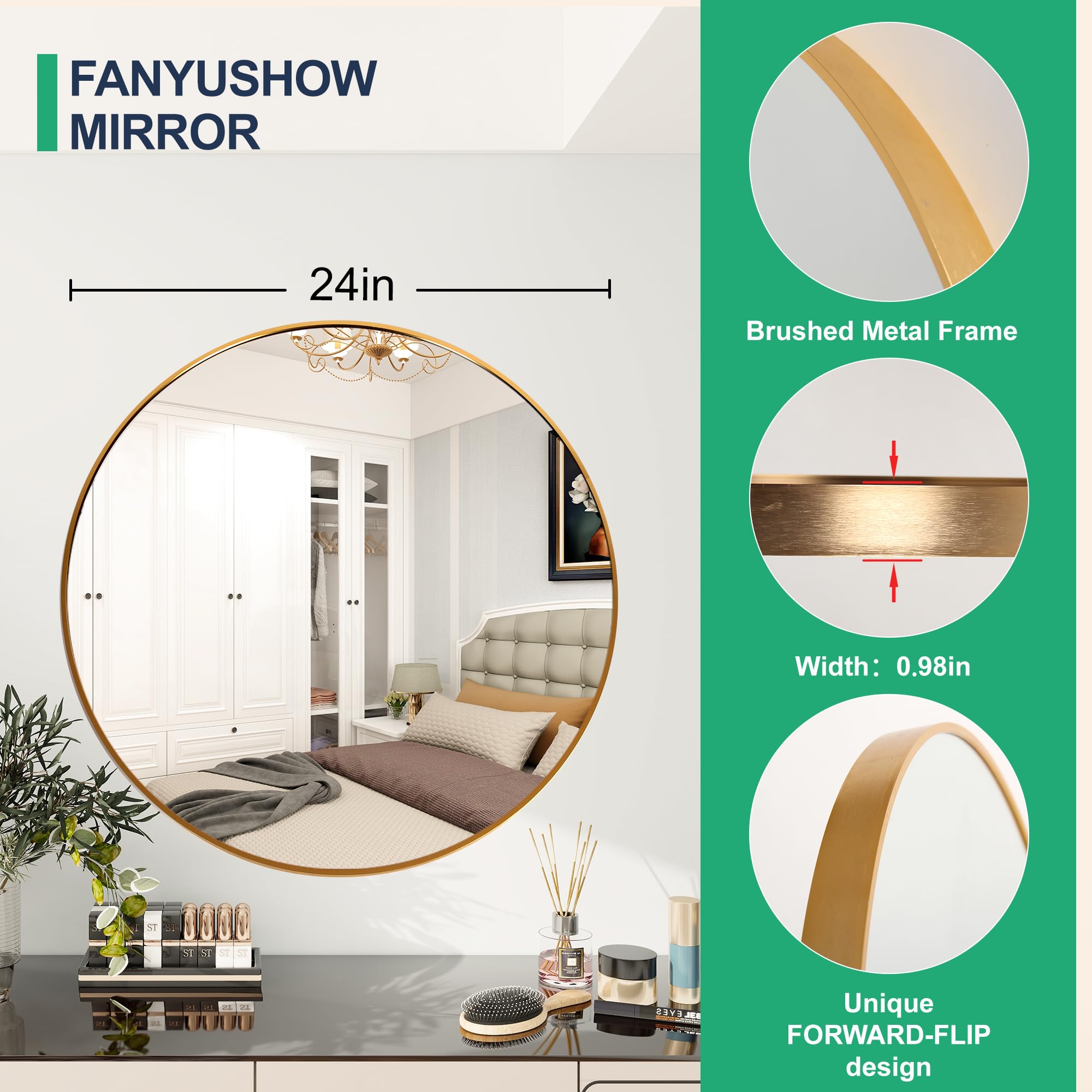 FANYUSHOW Round Mirror For Bathroom, Gold Circle Mirror For Wall Mounted, 24 Modern Brushed Brass Metal Frame Round Mirror For W