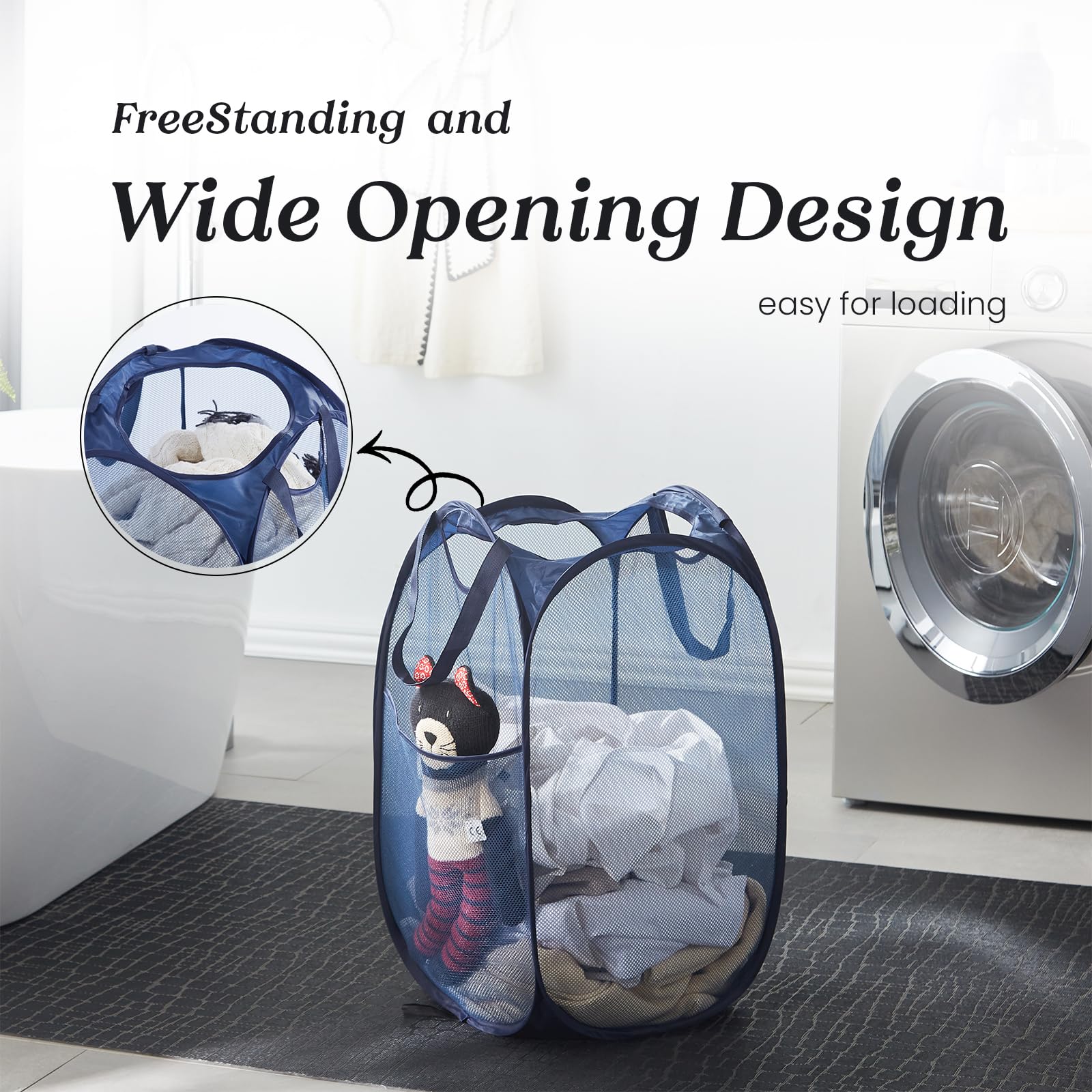 Collapsible Mesh Pop Up Laundry Hamper With Sturdy Handles And Side Pocket - Portable Foldable Clothes Baskets For Dorm, Laundry