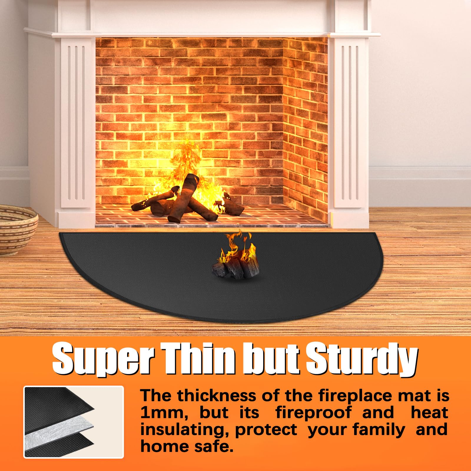 TOHONFOO Fireproof Hearth Rug, 59x32 inch Silicone Coated Fiberglass, Black, Model HR-32-60-BK-1, Protects Floors from Sparks & Embers
