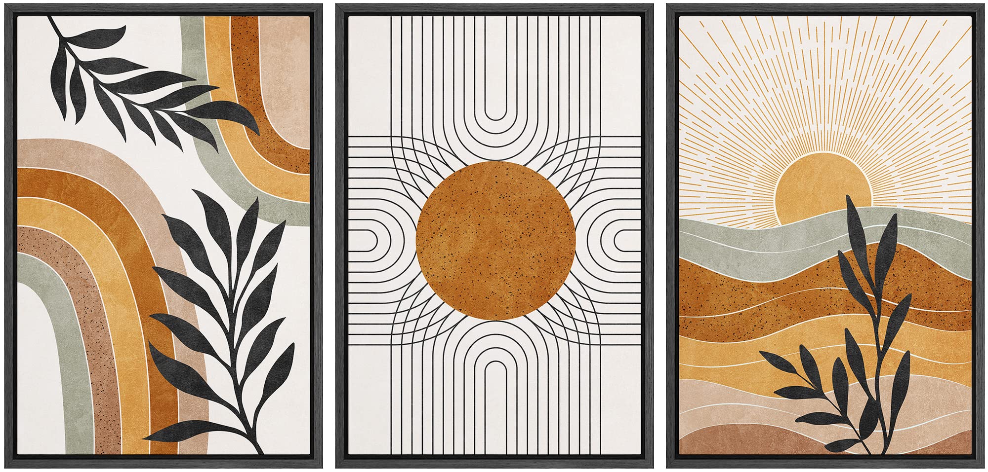 Idea4Wall Framed Canvas Print Wall Art Set Mid-Century Geometric Sun Desert Plants Abstract Nature Illustrations Modern Art Nord
