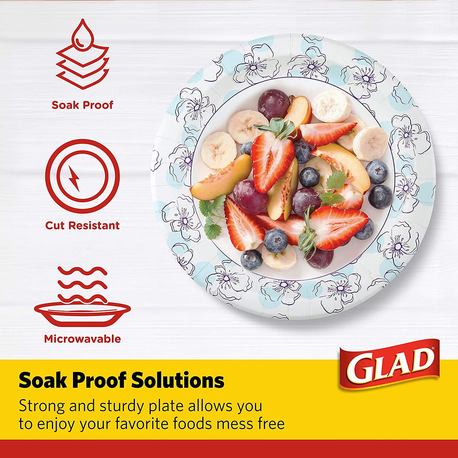 Glad Round Disposable Paper Plates For All Occasions | New & Improved Quality | Soak Proof, Cut Proof, Microwaveable Heavy Duty
