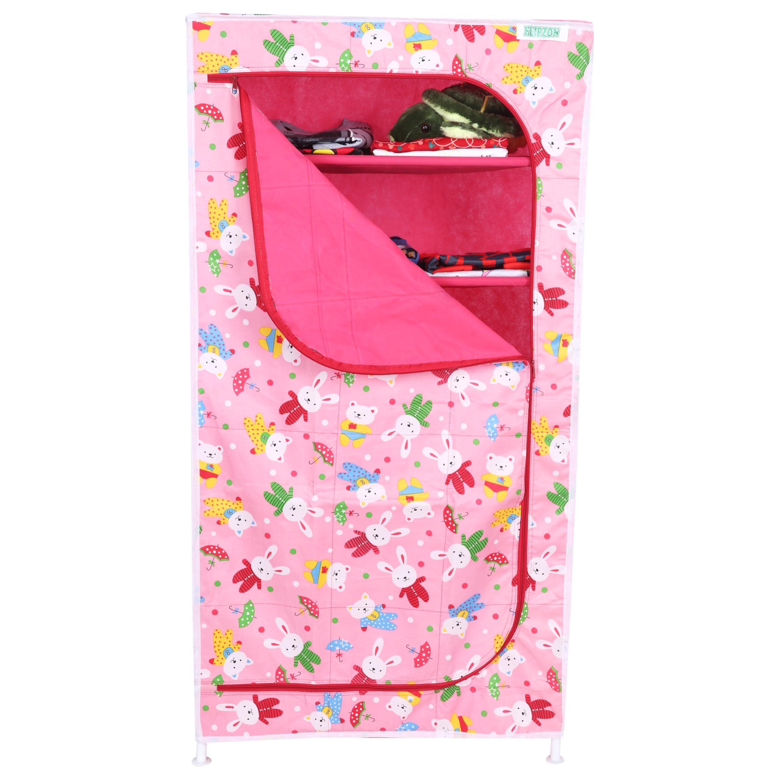 Flipzon Multipurpose 6 Shelve Baby Wardrobe, (Fabric Shelves) Rabbit Pink