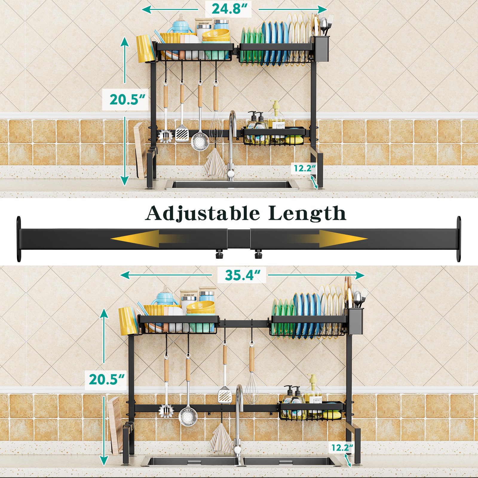 Yklslh Over The Sink Dish Drying Rack 2 Tiers, For All Sinks (24.8-35.4),Expandable Large Capacity Sink Rack, Metal Drying R