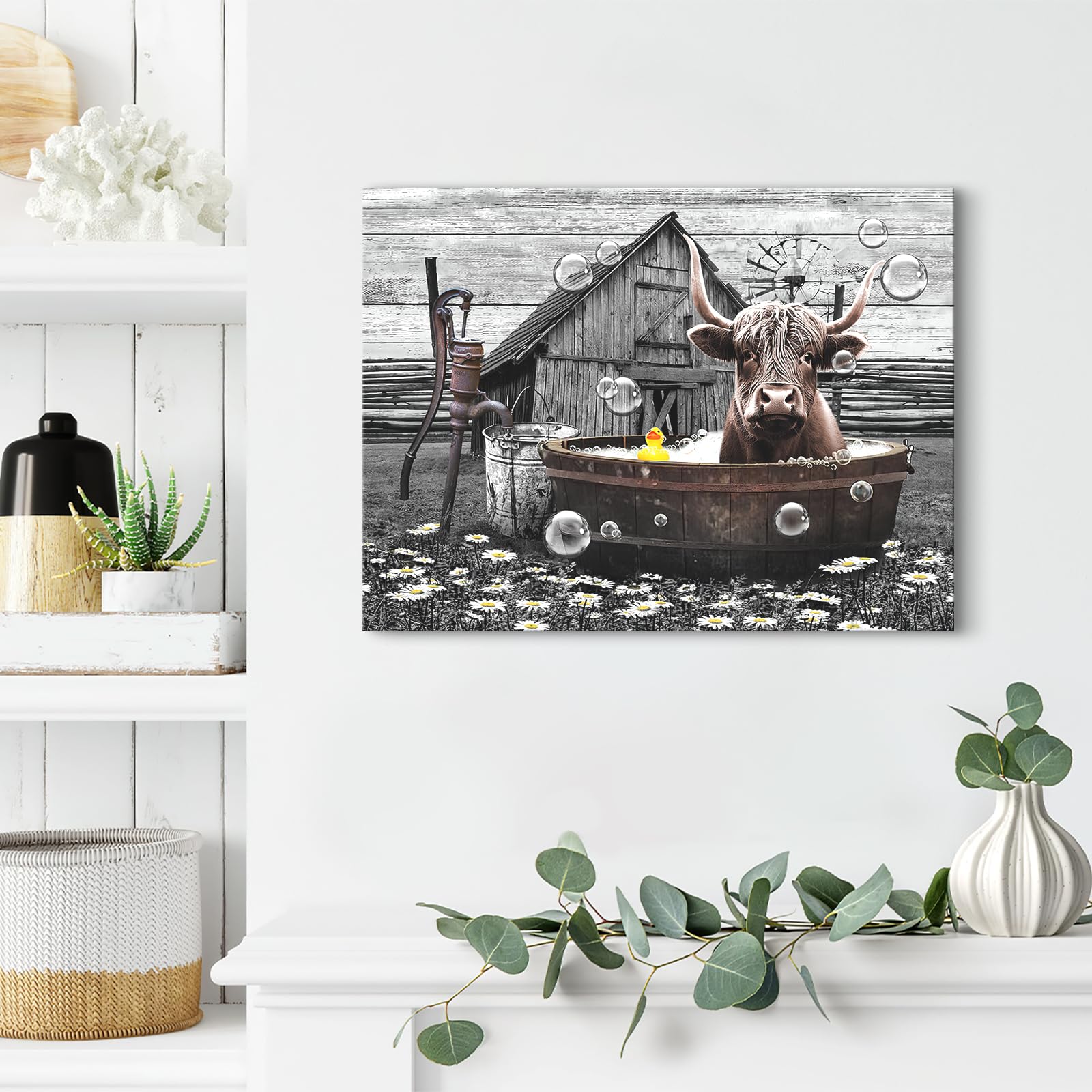 Farmhouse Bathroom Decor Wall Art Cute Highland Cow In Bathtub Pictures Wall Decor Rustic Bathroom Cow Painting For Bathroom Toi