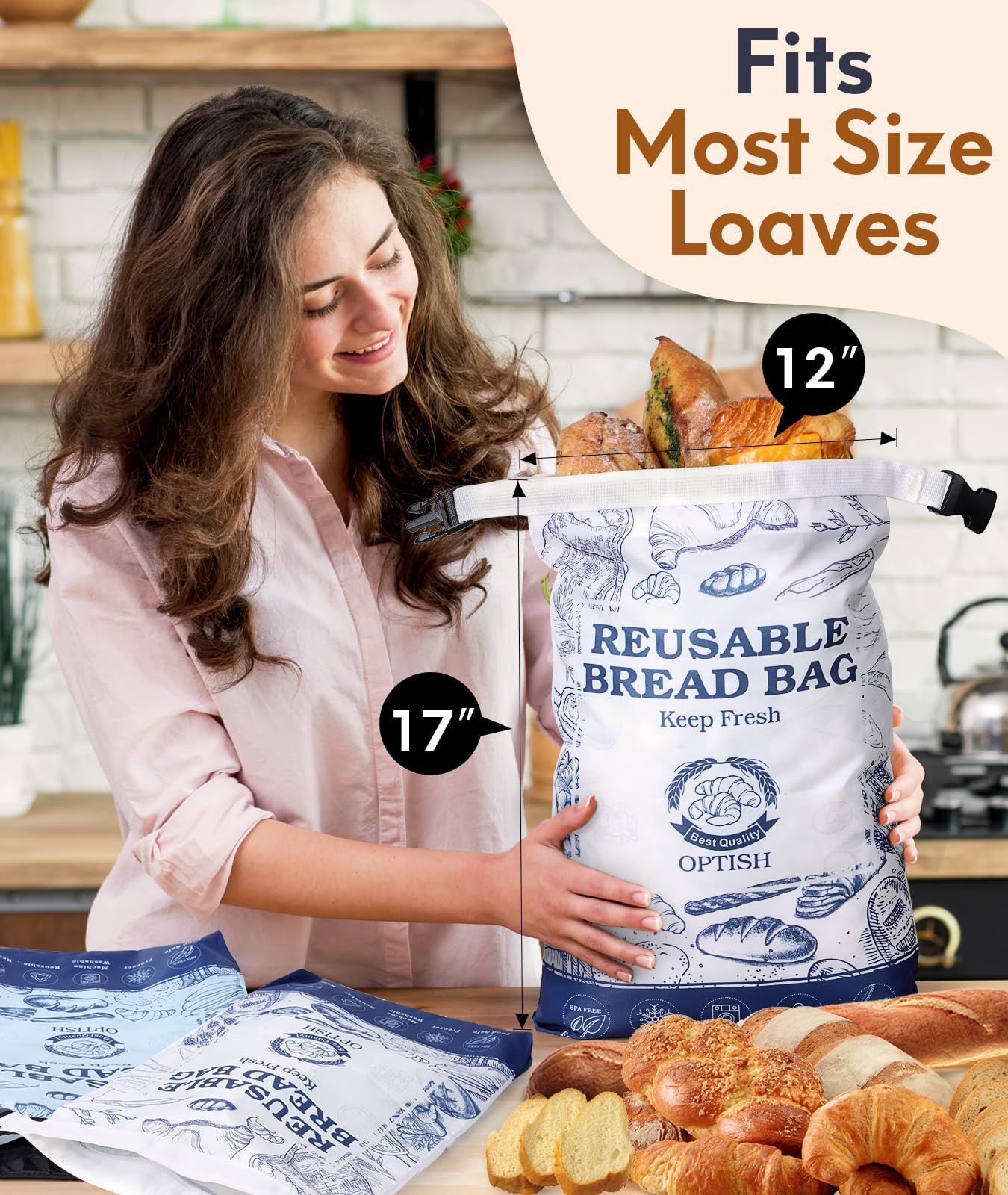 Optish 2 Pack Reusable Bread Bags for Homemade Sourdough, Lined with Zipper, Freezer Safe & BPA Free, Perfect for Gift Giving, W
