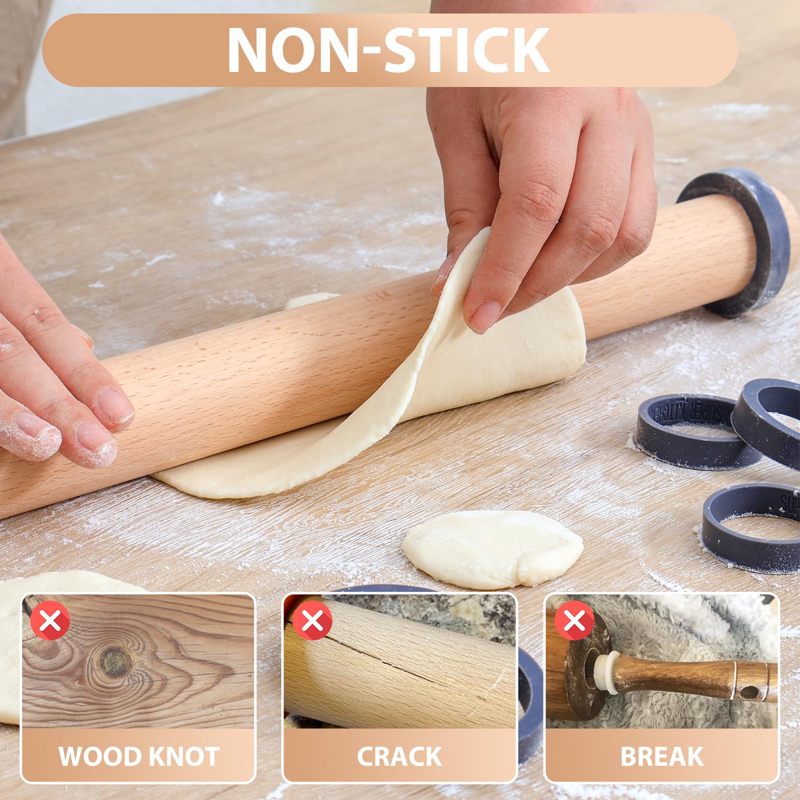 Adjustable 17.5 Inches Wood Rolling Pin With Thickness Rings For Baking -Non Stick Wooden Dough Roller Pin With Spacer Bands For