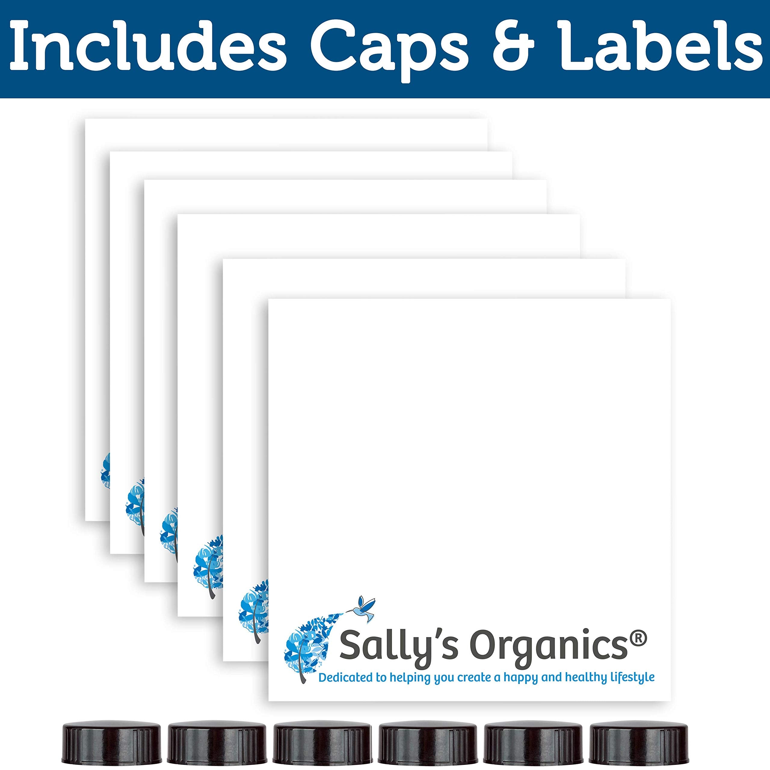 Sally's Organics Empty Amber Glass Spray Bottle - Large 16 oz Refillable Container for Essential Oils  Cleaning Products  or Aromatherapy - Black Trigger Sprayer w/Mist and Stream Settings - 6 Pack
