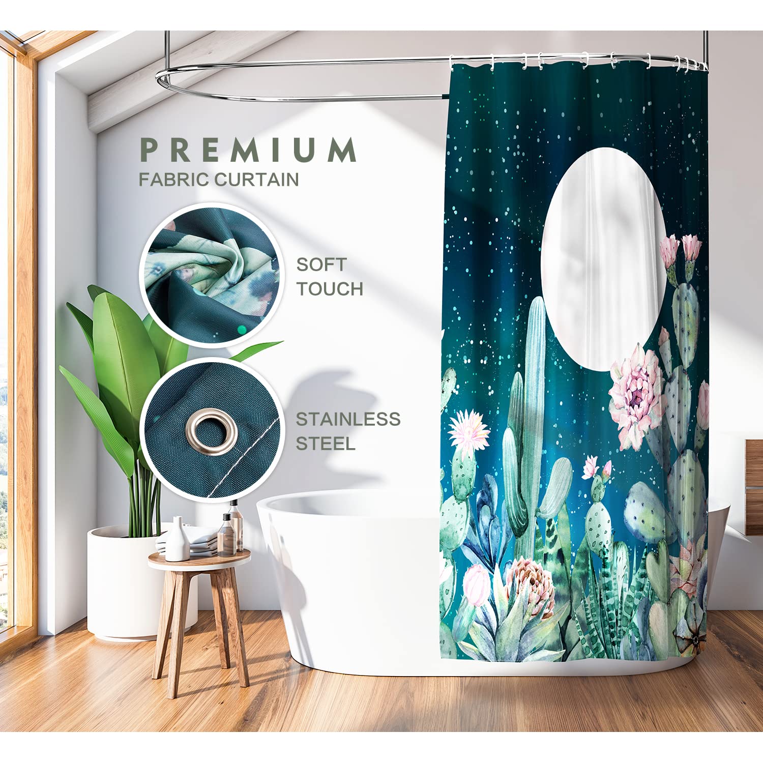 Lokigo Dark Green Shower Curtain, Green Teal Cactus Shower Curtain, Green Plant Moon Star Shower Curtain, Waterproof Fabric Show