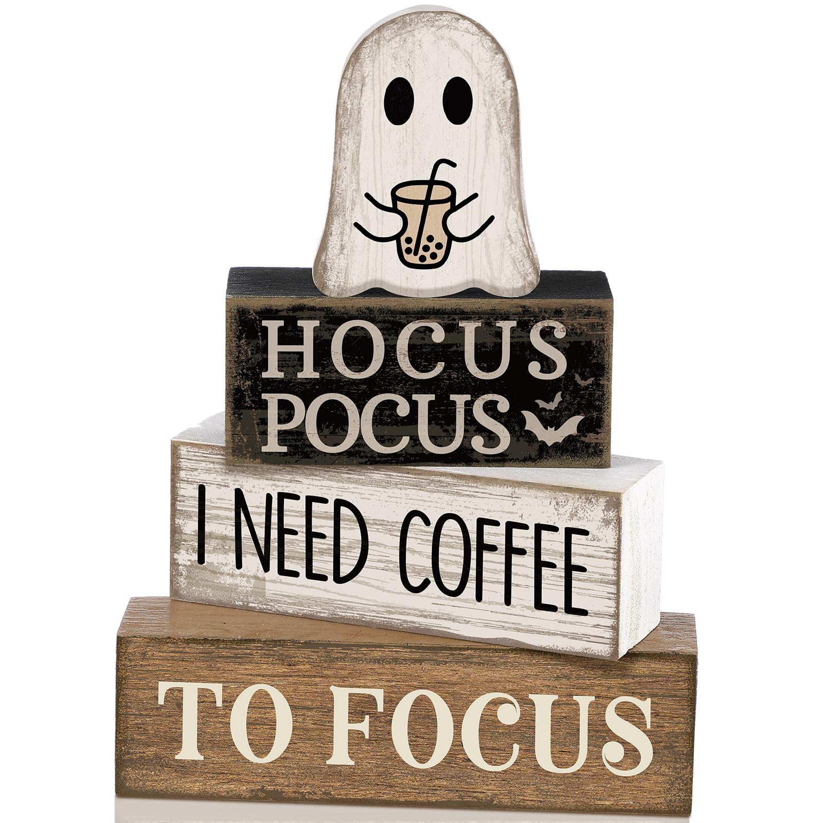Lineshading 4 Pcs Halloween Table Decor Coffee Ghost Wooden Sign Halloween Tiered Tray Decor Farmhouse Ghost Tabletop Centerpiec
