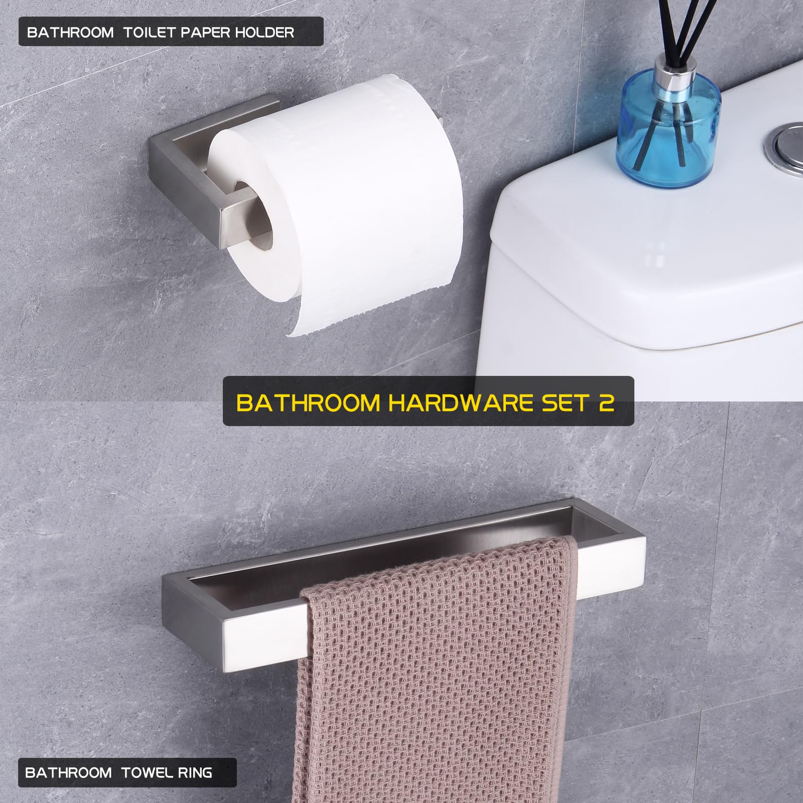 Gerzwy Contemporary Stainless Steel Wall Mounted 2-Piece Bathroom Hardware Set - Towel Rings Toilet Paper Holder, Brushed Finish