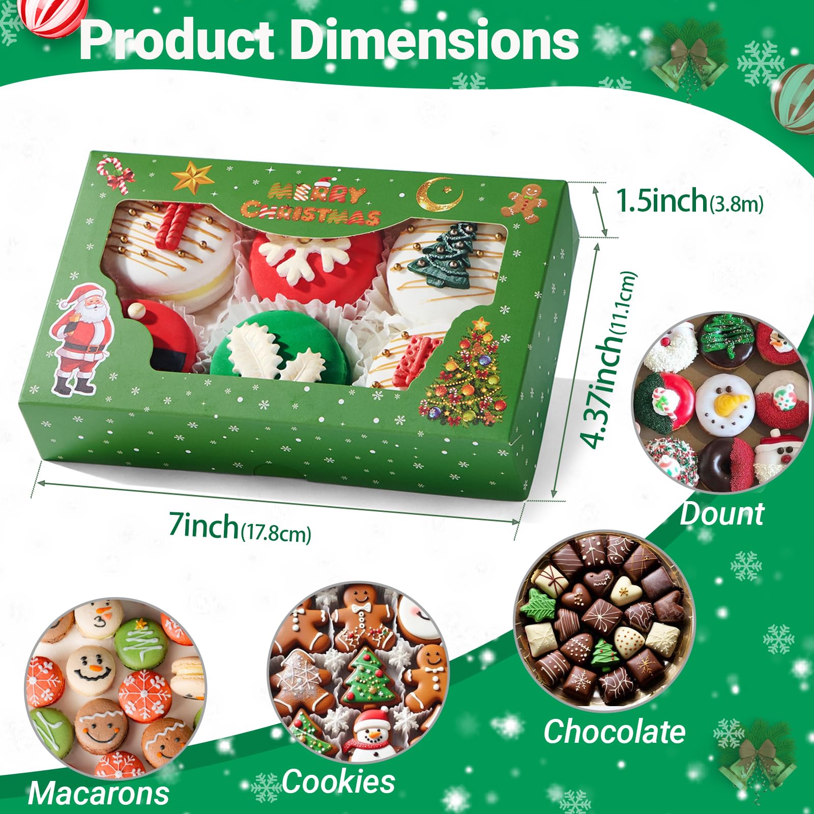 12 Pack 7x4.3x1.5Inch Green/Red/White Christmas Cookie Gift Boxes Clear Window Ideal for Packaging Cookie Macaron Cake Pop Choco