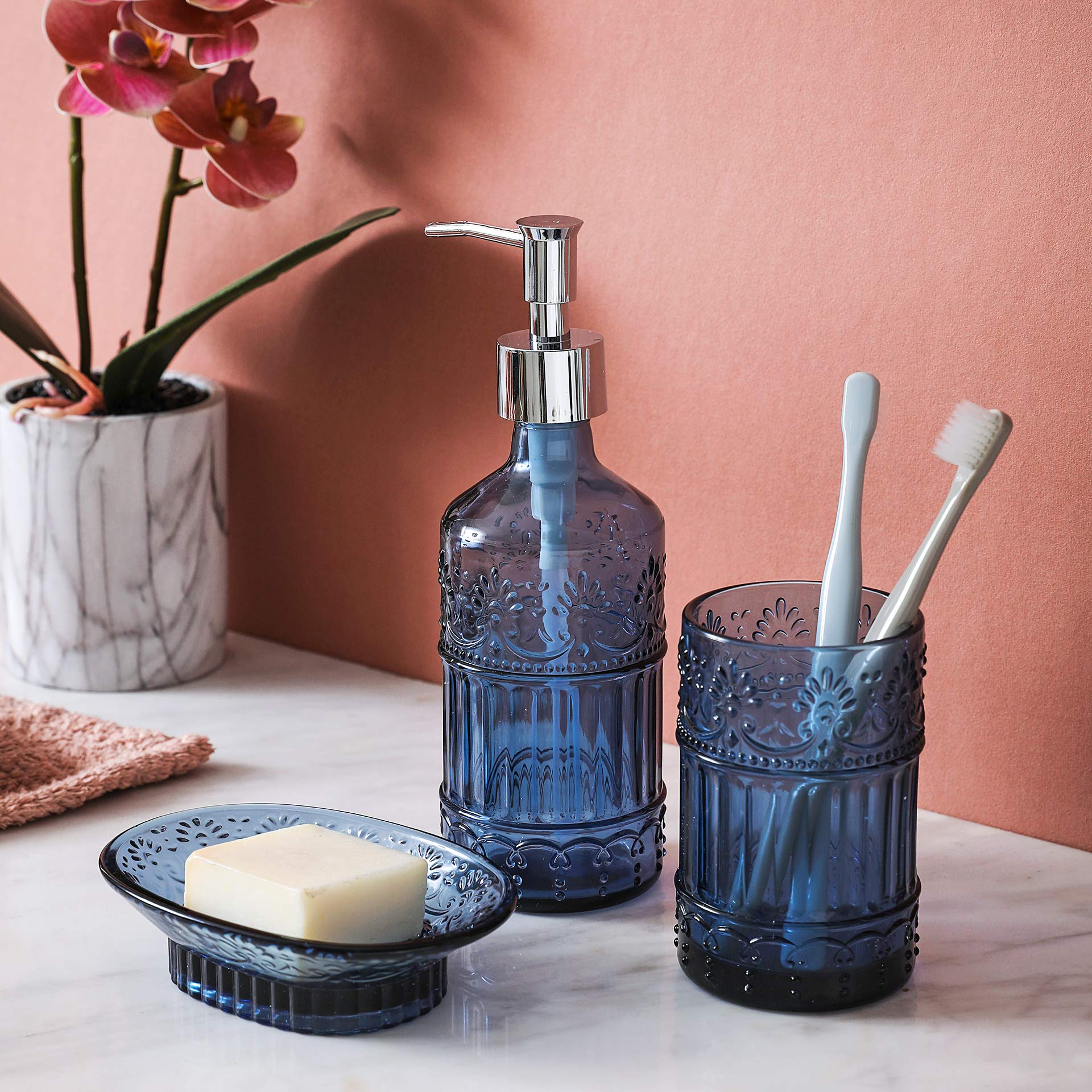 Whole Housewares | Premium Bathroom Accessory Set | 4-Piece Decorative Blue Glass Bathroom Decor Accessories Set | Soap Dispense