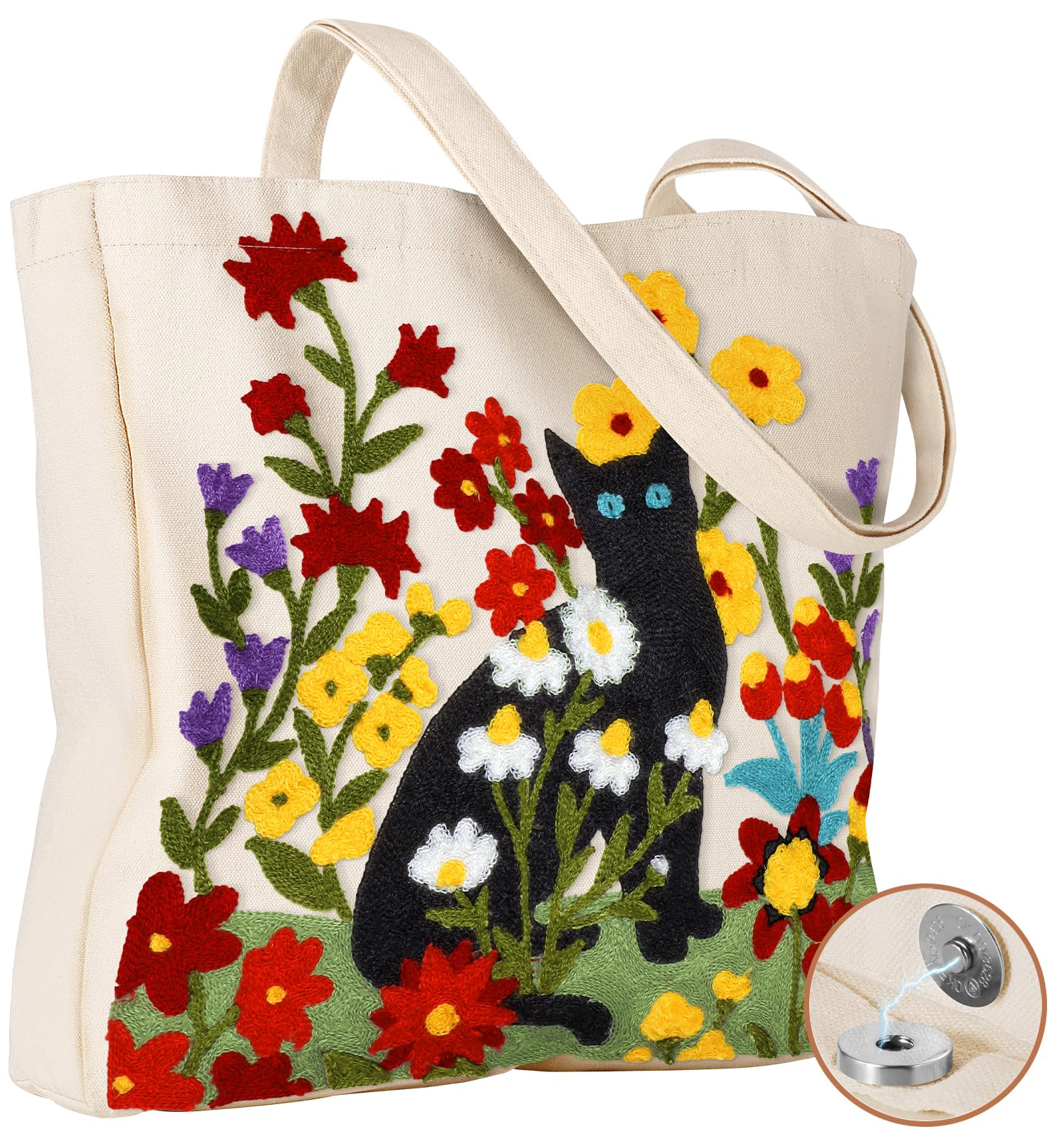 Miss Adola Aesthetic Embroidery Tote Bag for Women - Reusable Canvas Cloth Shoulder Bag with Cute 3d Flower Cats Embroidered Des