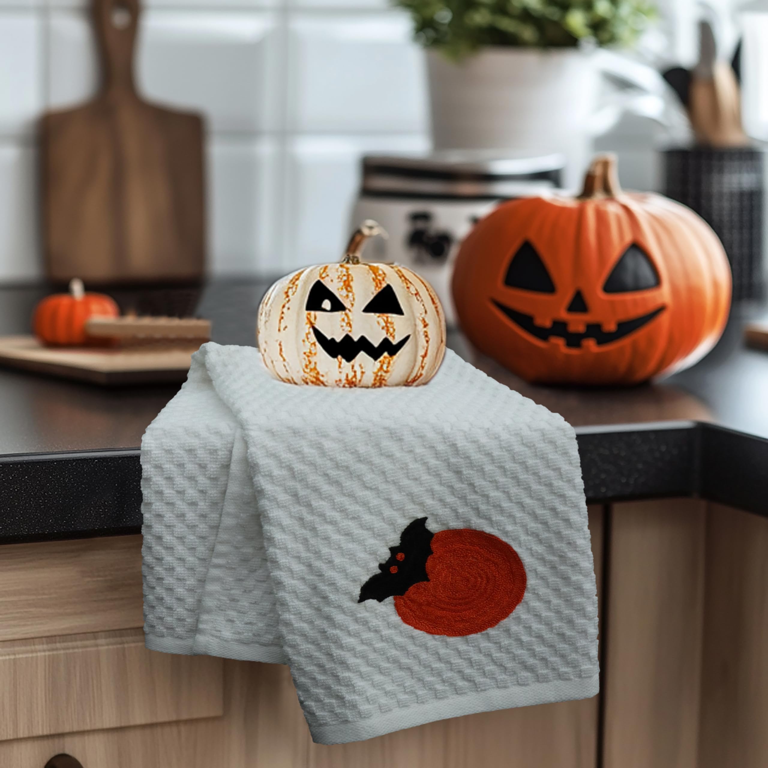 COTTON CRAFT Halloween Kitchen Towels - 4 Pack Spooky Skull Web Bats Jack OLantern Embroidered Terry Towel - 100% Cotton Waffle