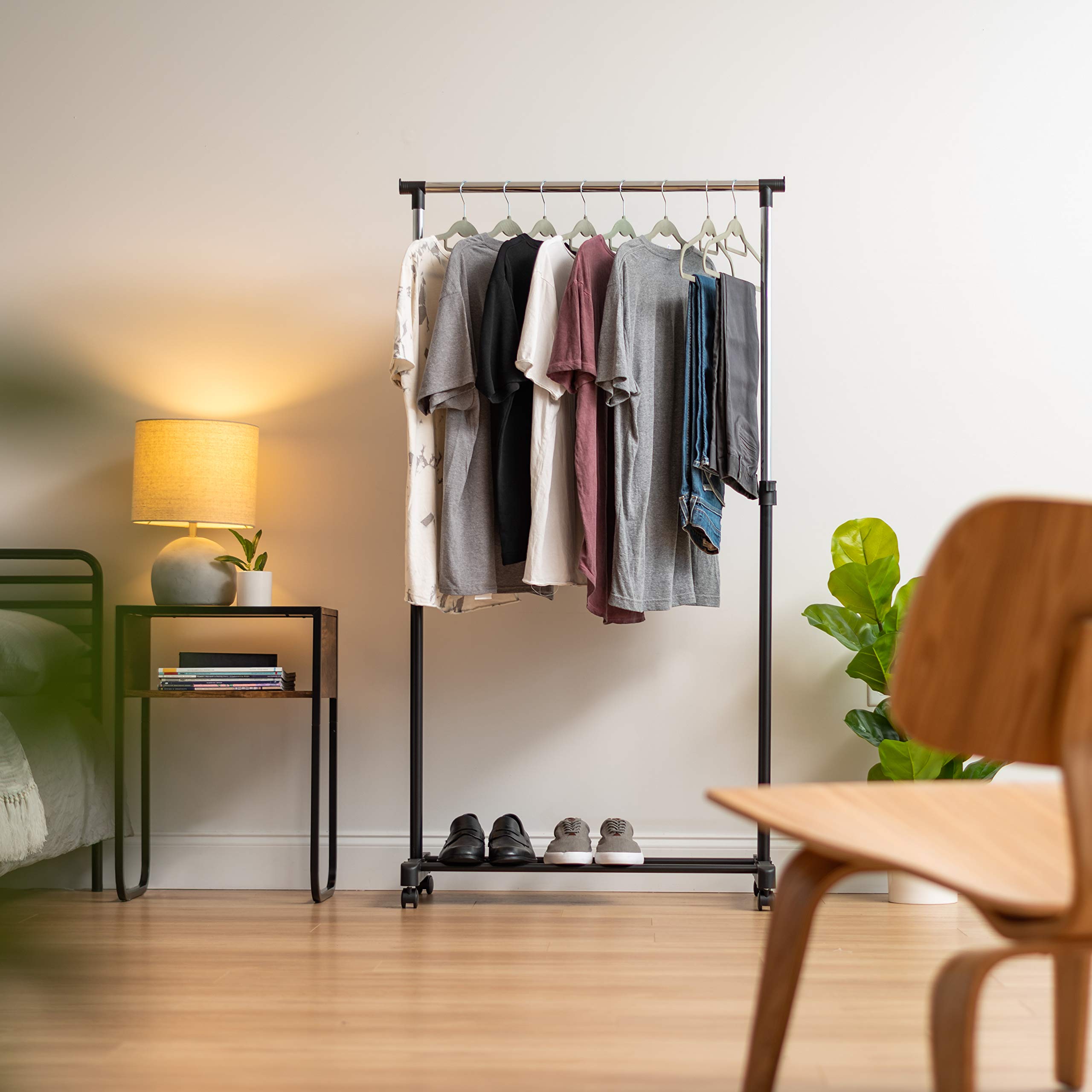 Iris Usa Clothes Rack, Portable Single-Rod Height Adjustable With Lockable Wheels, Rolling Garment Rack, Single Rod Wardrobe Rac