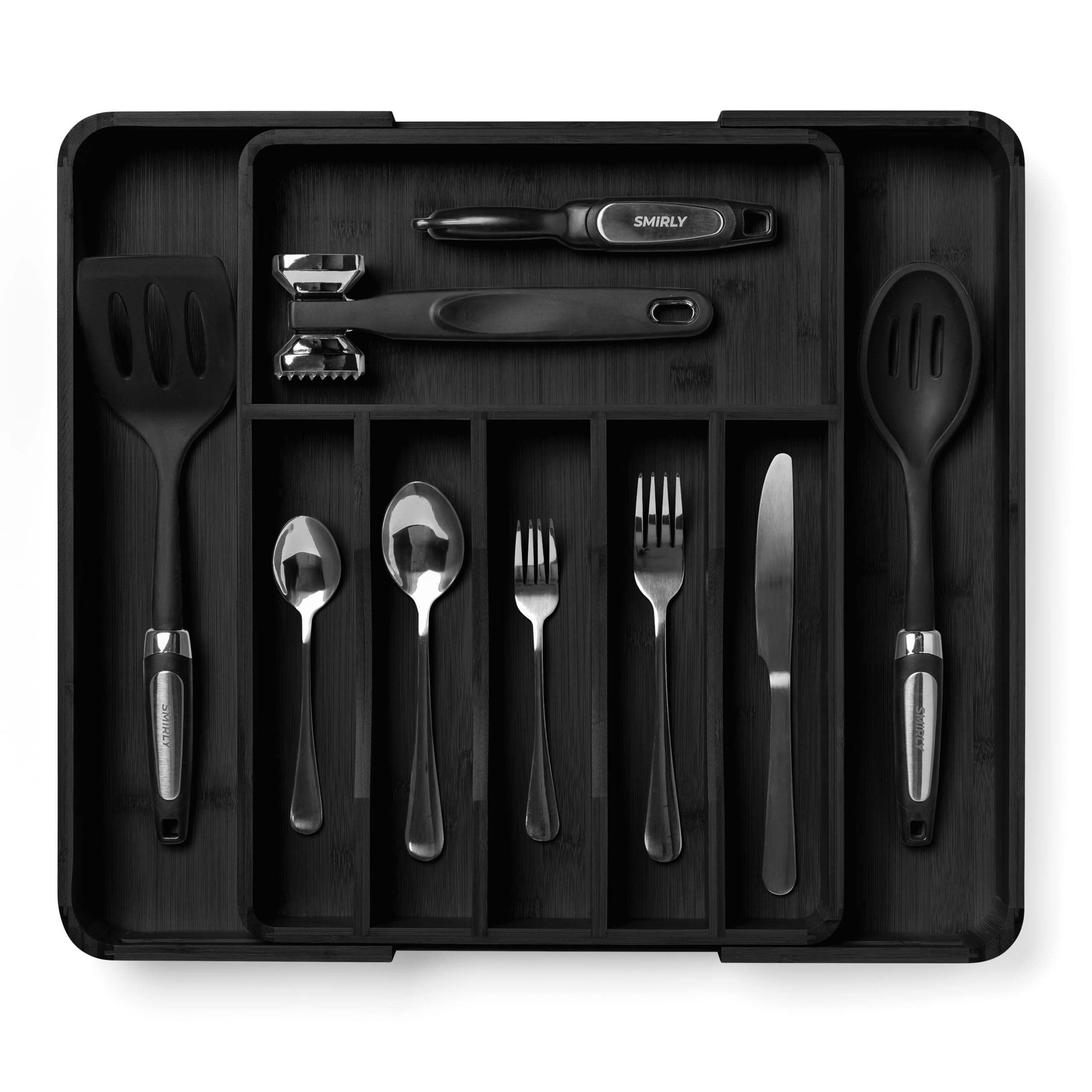 Smirly Silverware Drawer Organizer - Bamboo Kitchen Drawer Organizer, Adjustable Utensil Holder And Cutlery Tray, Drawer Divider