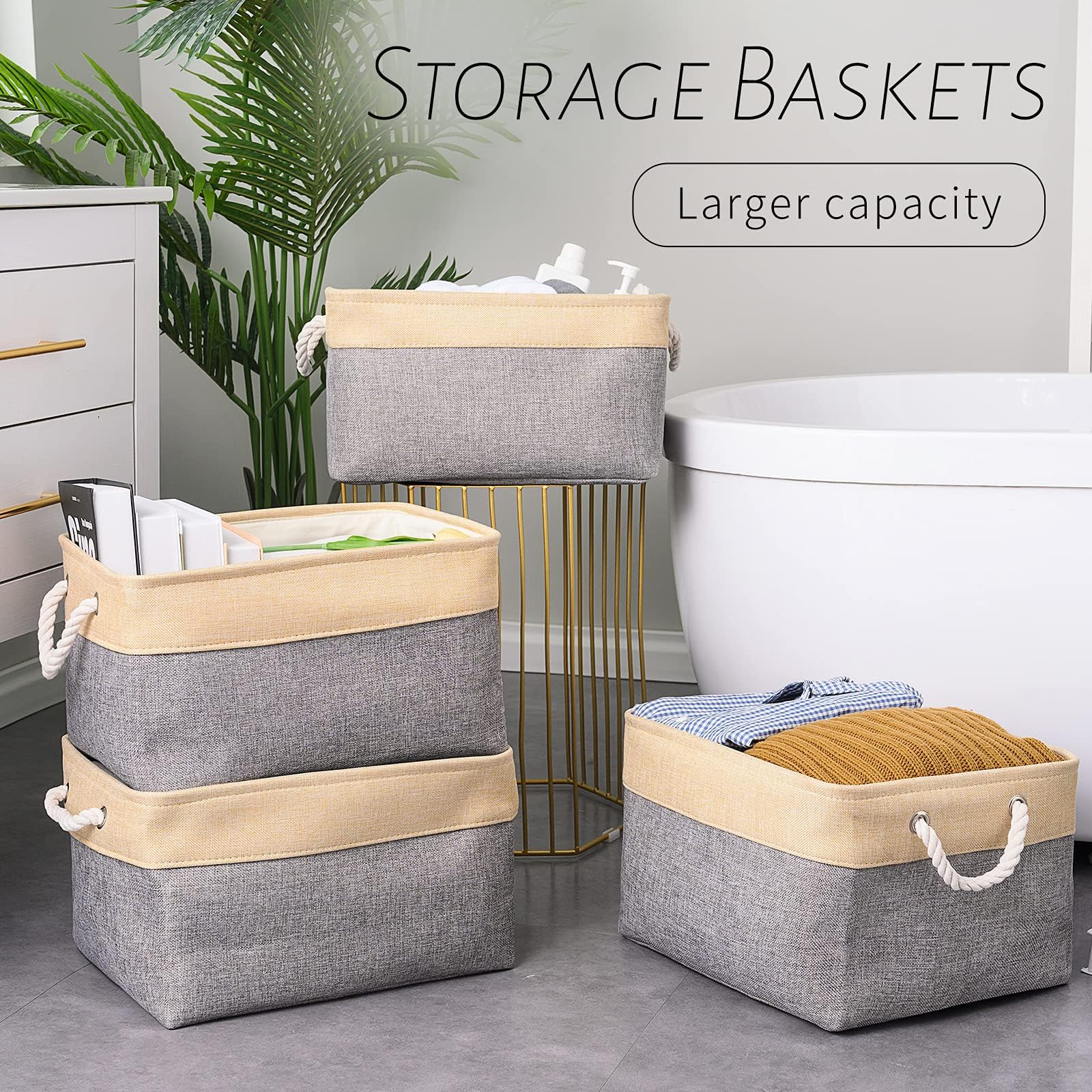 Sacyic Organization And Storage Basket For Organizing - Large 4 Pack 16X12X8 Inch Collapsible Baskets For Shelves Fabric Storage