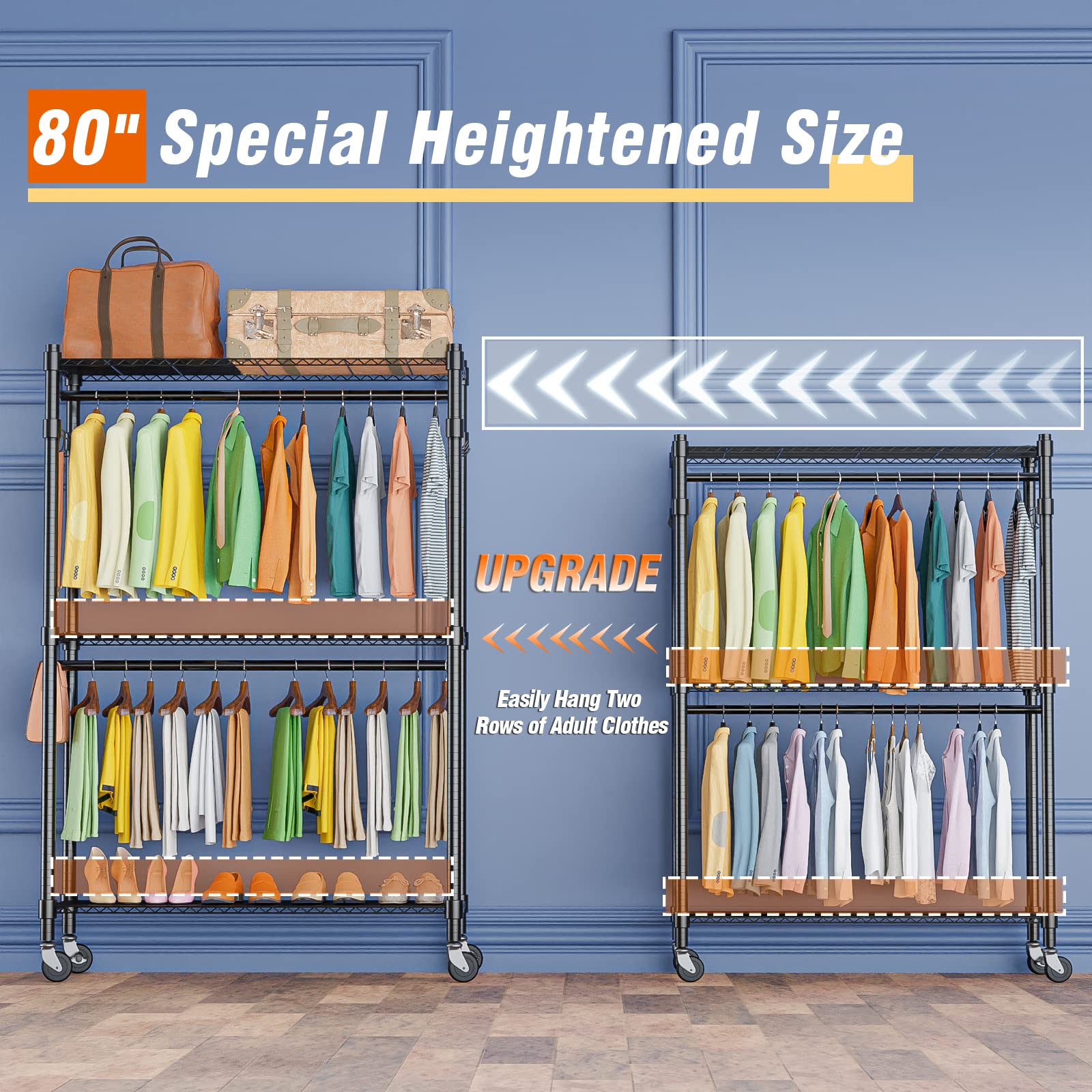 Homdox Double Rod Closet 3 Shelves Wire Shelving Clothing Rolling Rack Heavy Duty Garment Rack With Wheels And Side Hooks