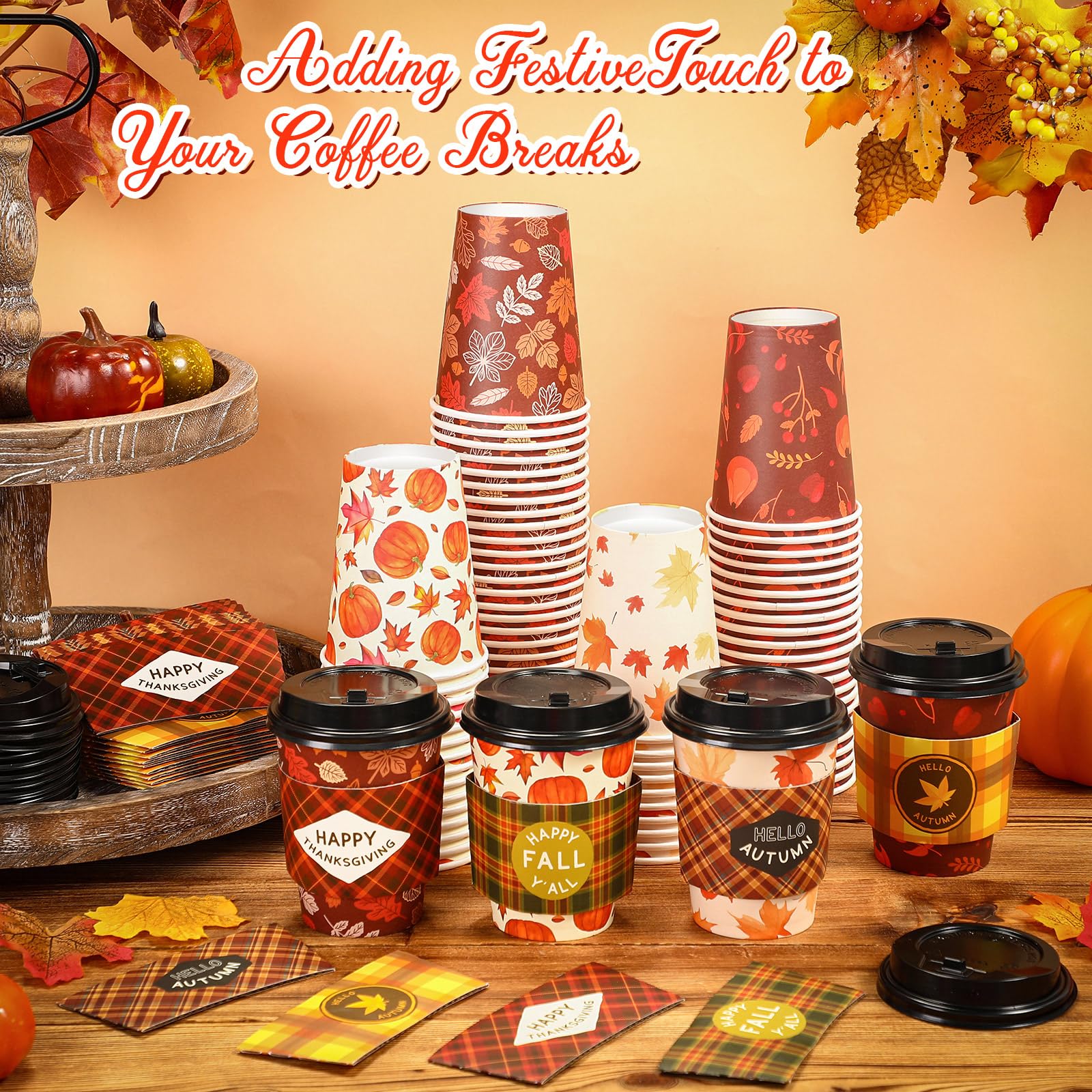 Lallisa 100 Pack 12 oz Fall Disposable Coffee Cups Bulk Thanksgiving Paper Coffee Cups with Lids and Sleeves for Autumn Thanksgi
