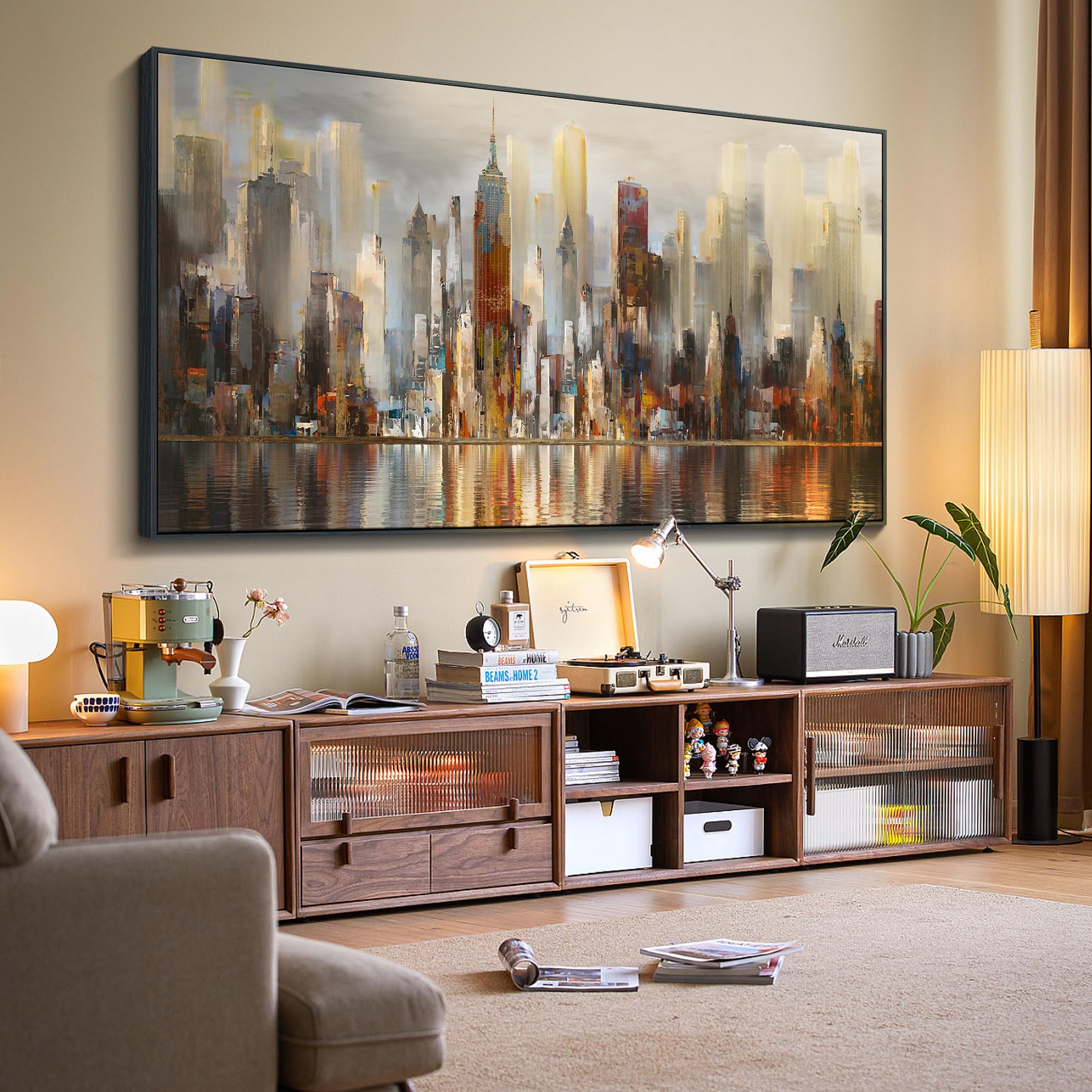 Mofutinpo Large Black Framed Cityscape New York Abstract Wall Art Brown City Theme Paintings Modern Canvas Office Wall Decor Liv