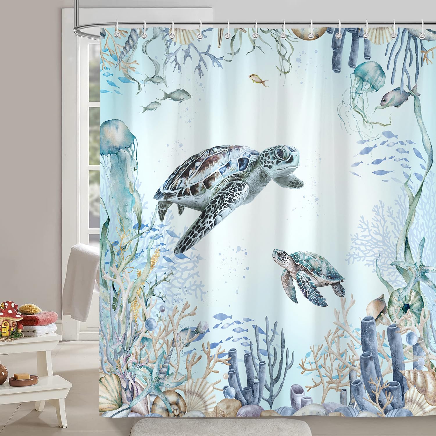 Emwnodti Sea Turtle Shower Curtain Coastal Beach Ocean Themed Bathroom Decoration, Underwater Marine Life Fish Jellyfish Coral T