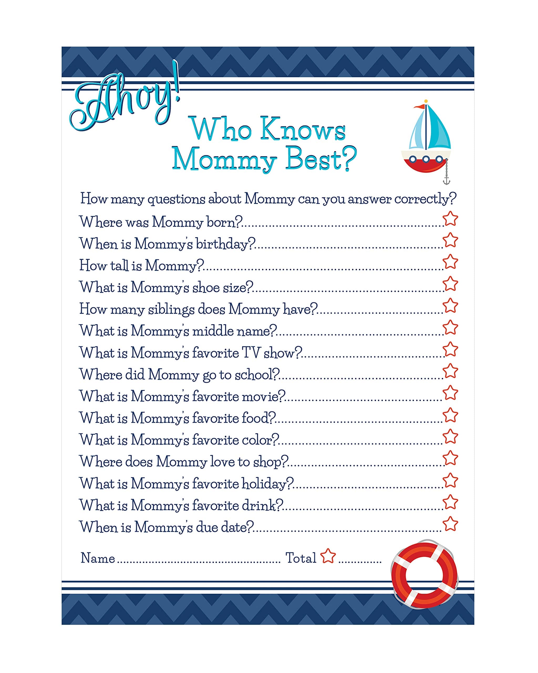 Ahoy Nautical Who Knows Mommy Best Baby Shower Game - 24 Count