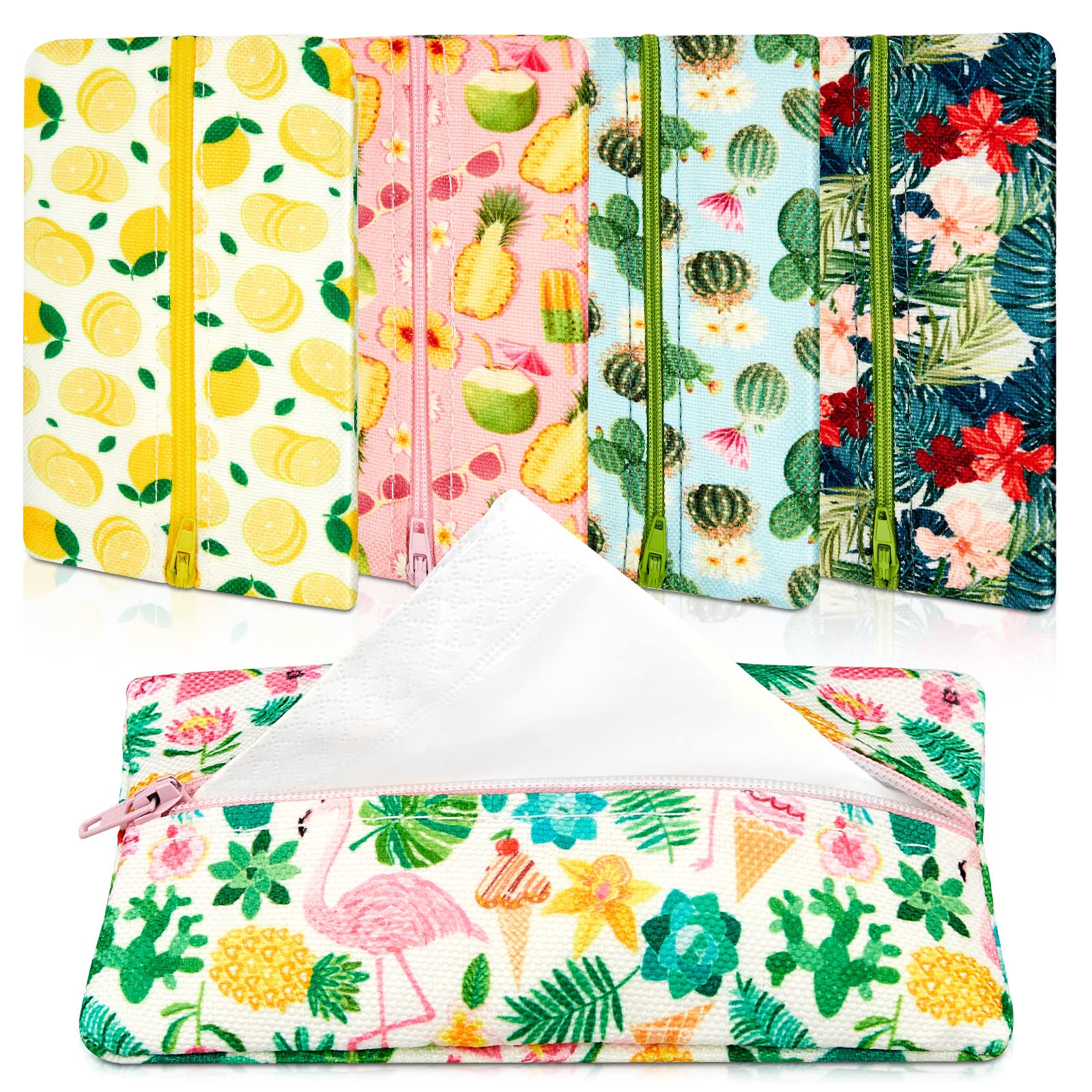 5 Pieces Tissues Purse Pocket Tissue Holder Reusable Travel Tissue Pouch Fabric Zipper Enclosed Small Size Flower Pattern Tissue