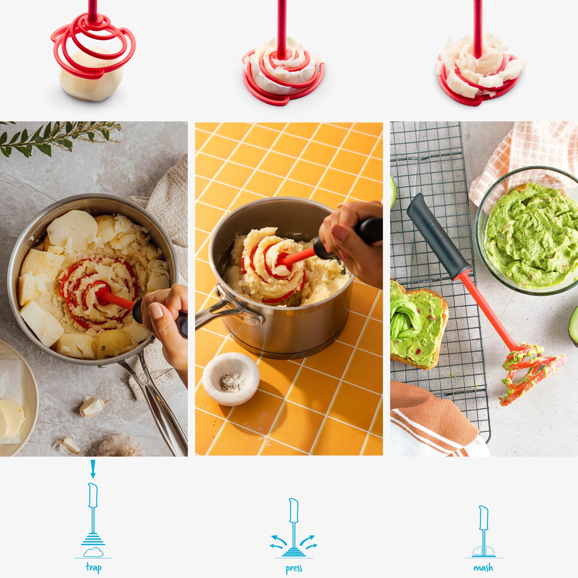 Dreamfarm Smood Lite | One-Handed Nylon Spring Coil Vegetable And Potato Masher With Soft Grip And Bowl Scraper | Red