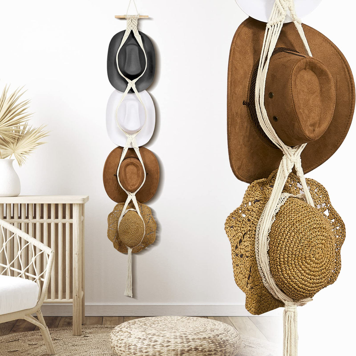 Yulejo Macrame Hat Hangers Boho Hat Rack Cowboy Hat Hanger Back Of Door Hat Organizer (White,Four Hats Style)