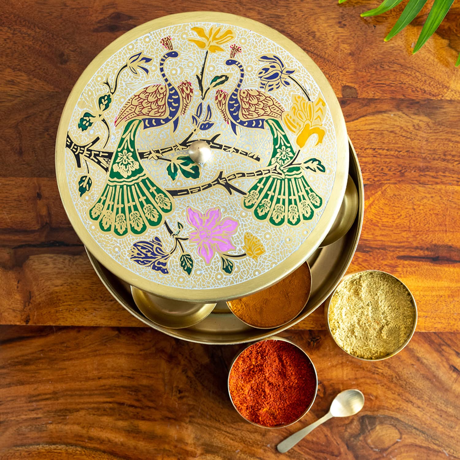 ExclusiveLane Peacock Hand-Etched Brass Masala Box For Kitchen Spice Box With Spoon (Brass, 7 Containers, 110 ML) | Handpainte