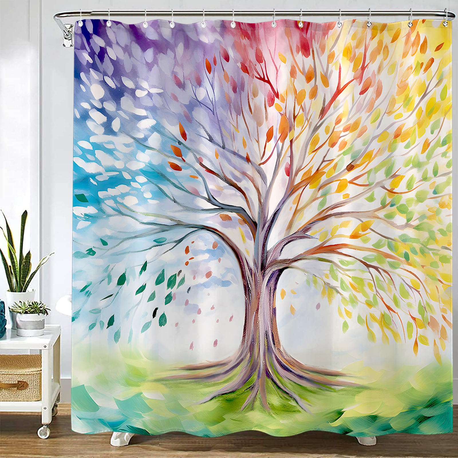 Fungarth Colorful Tree Shower Curtain Abstract Aesthetic Oil Painting Shower Curtains For Bathroom Pretty Cute Nature Art Waterp