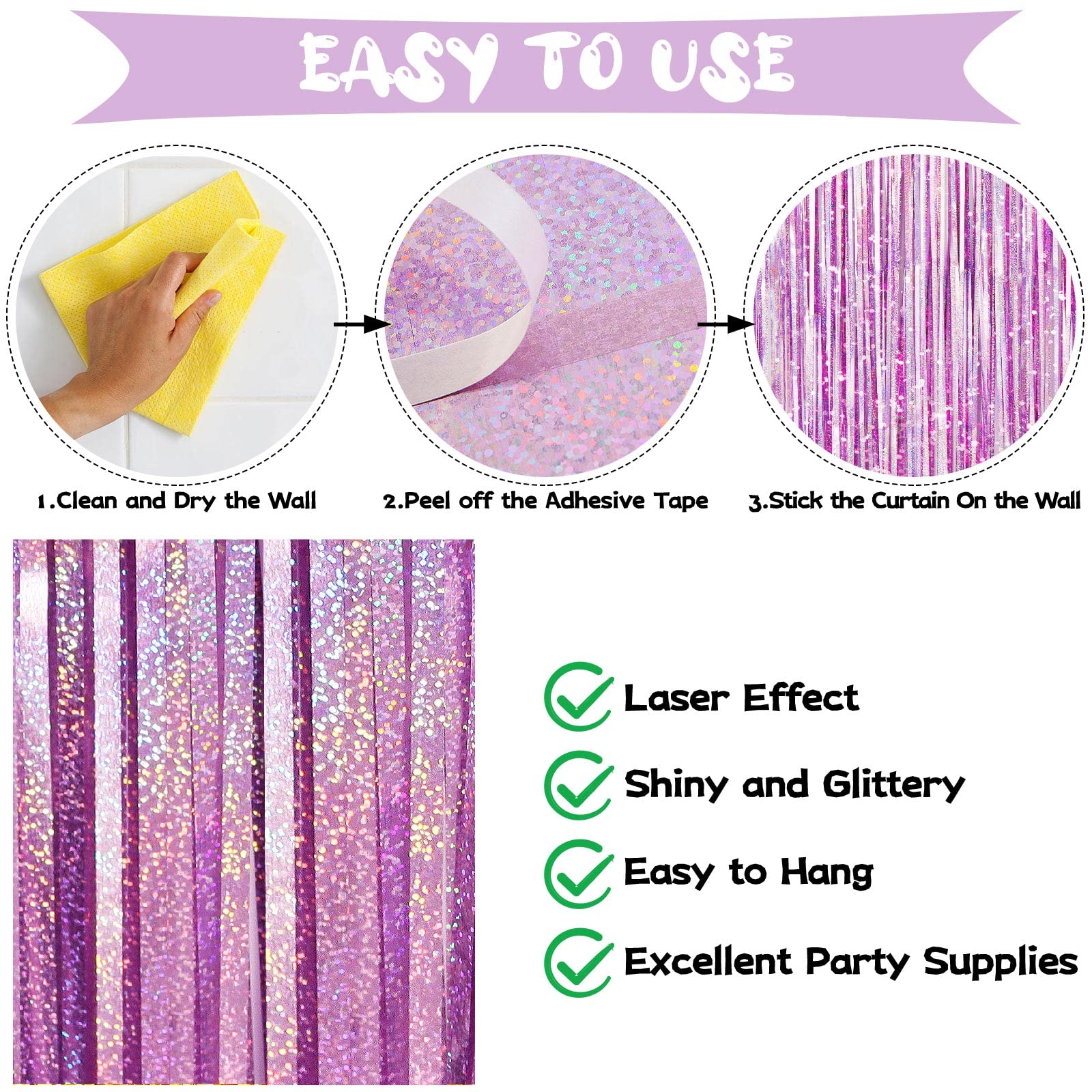Light Purple Fringe Curtain Backdrop, 2 Pack Tinsel Foil Fringe Curtains Party Decorations Streamers, Xmas Light Purple Metallic