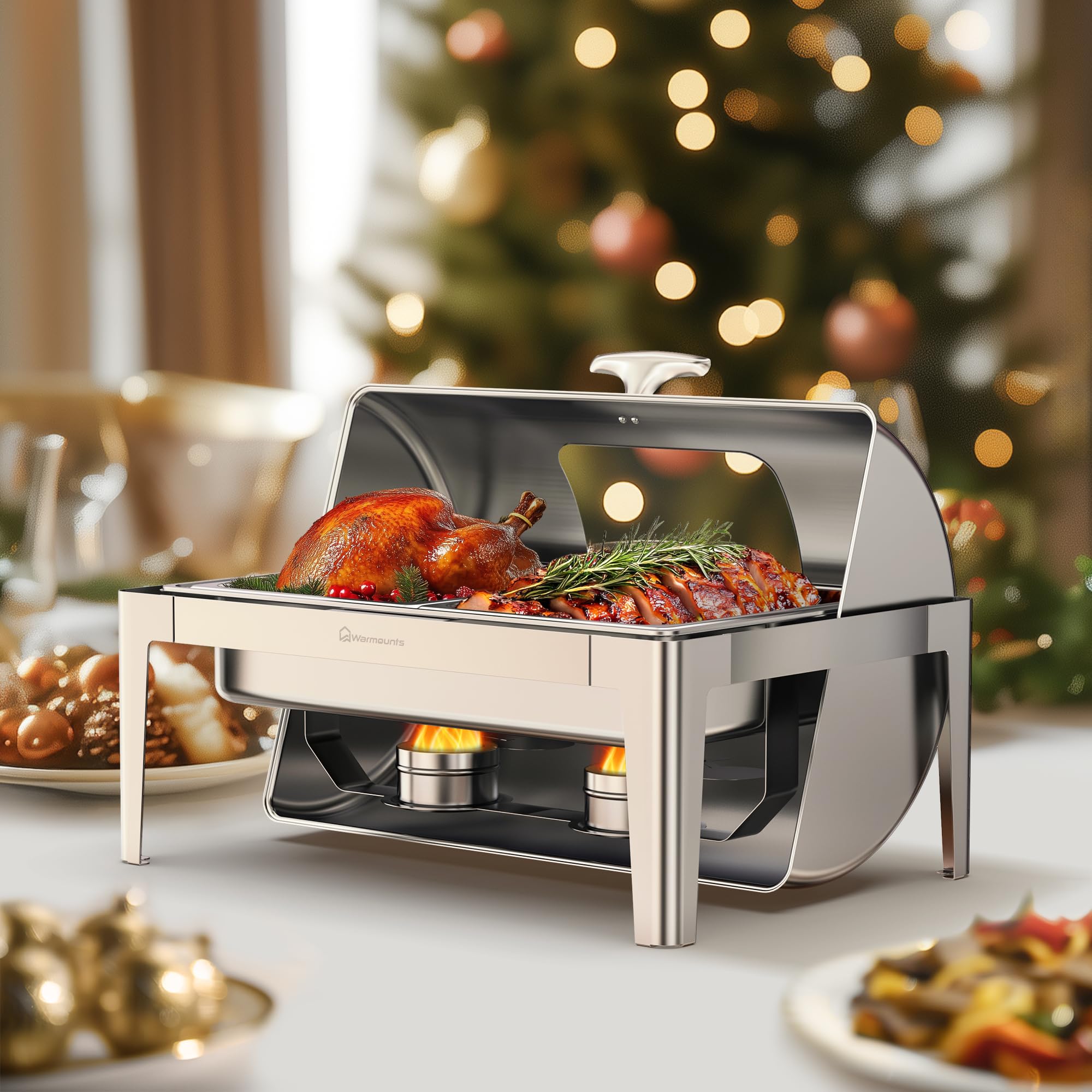 WARMOUNTS Roll Top Chafing Dishes for Buffet w/Visible Lid, 9QT Rectangular Chafing Dish Buffet Set w/Serving Utensils, Stainles