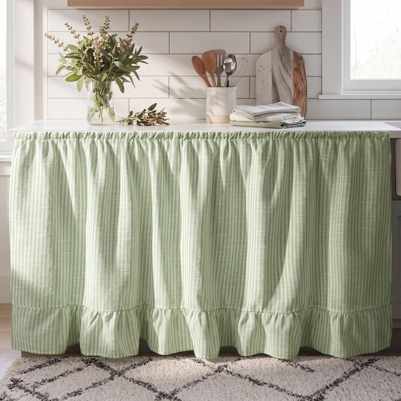 VitalCozy Cabinet Curtain 28 W x 51 L Sink Skirt for Bathroom Kitchen Sage Green Stripes Ruffles Spring Short Curtain for Home C
