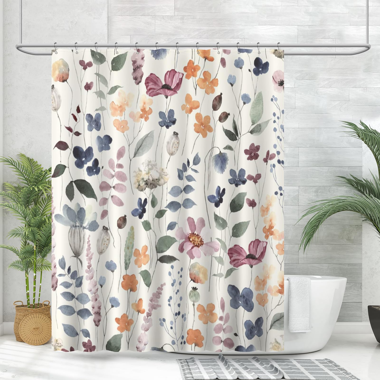 Amaredom Ink Floral Shower Curtain, Colorful Flower Shower Curtain For Bathroom, Waterproof Fabric Shower Curtain Set, Bathroom
