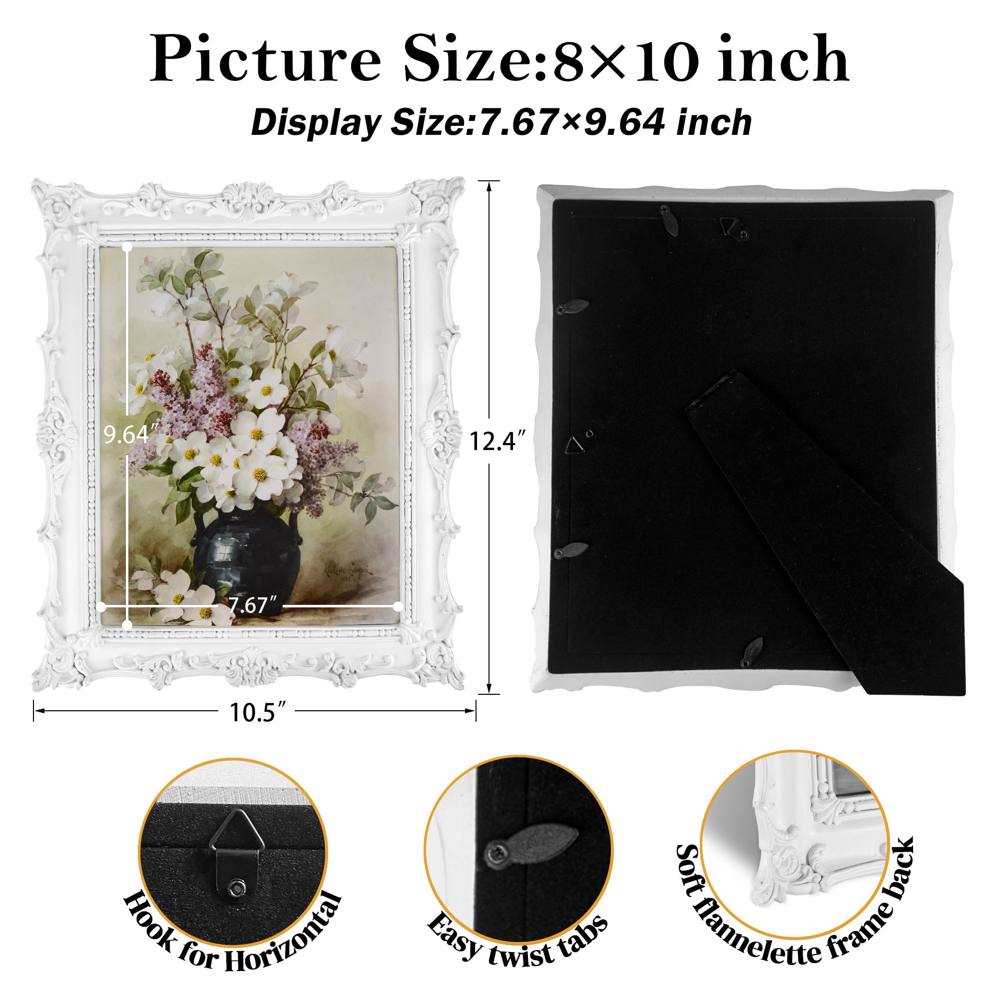 Comfymon 8x10 Vintage Photo Frames, Black Hand-Crafted Resin Photo Frame with Easel & Hook, Home Ornament for Tabletop or Wall M
