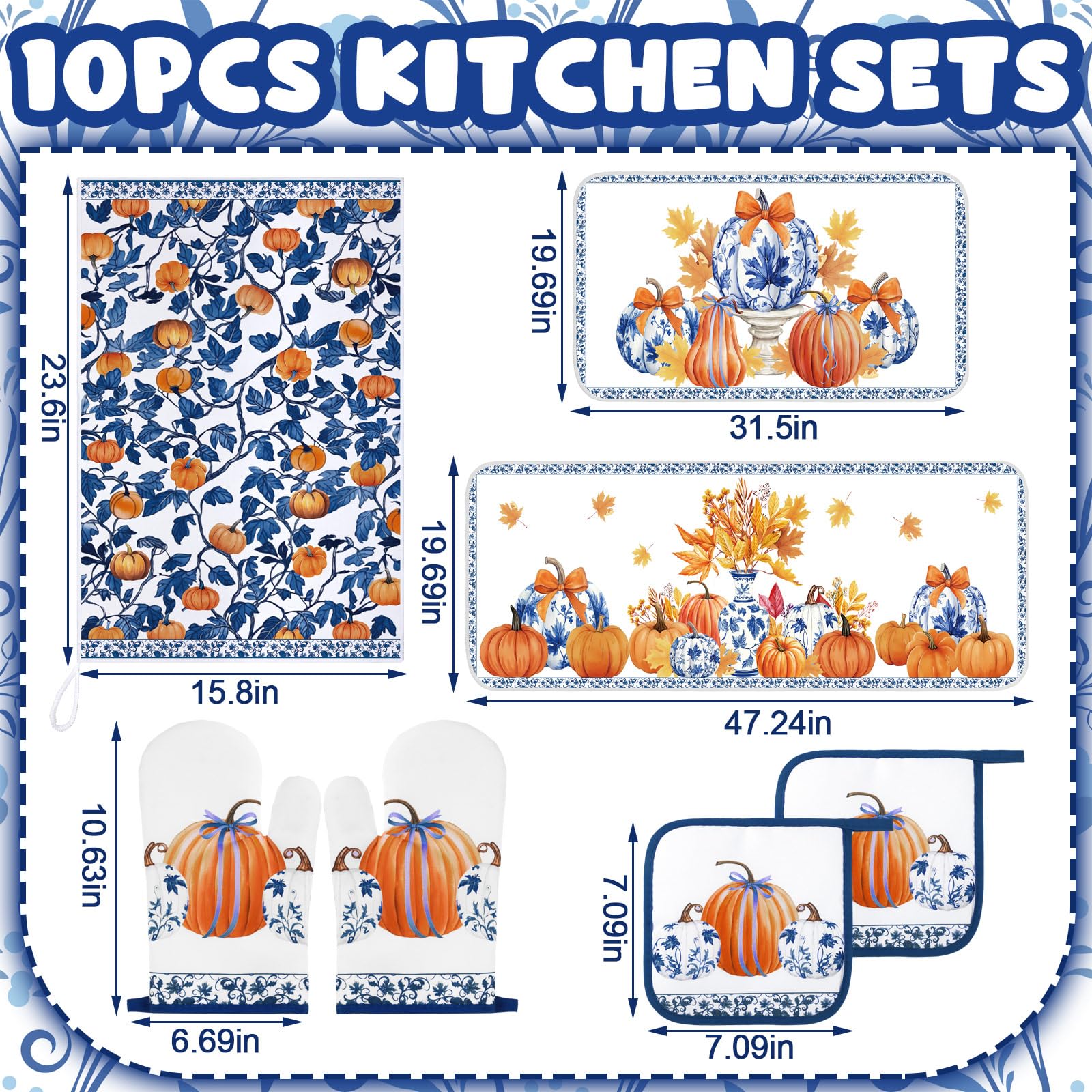 Fanfanwin 10 Pcs Thanksgiving Pumpkin Kitchen Decor Set Kitchen Towels Pot Holders Oven Mitts and Rugs Set Blue and White Porcel