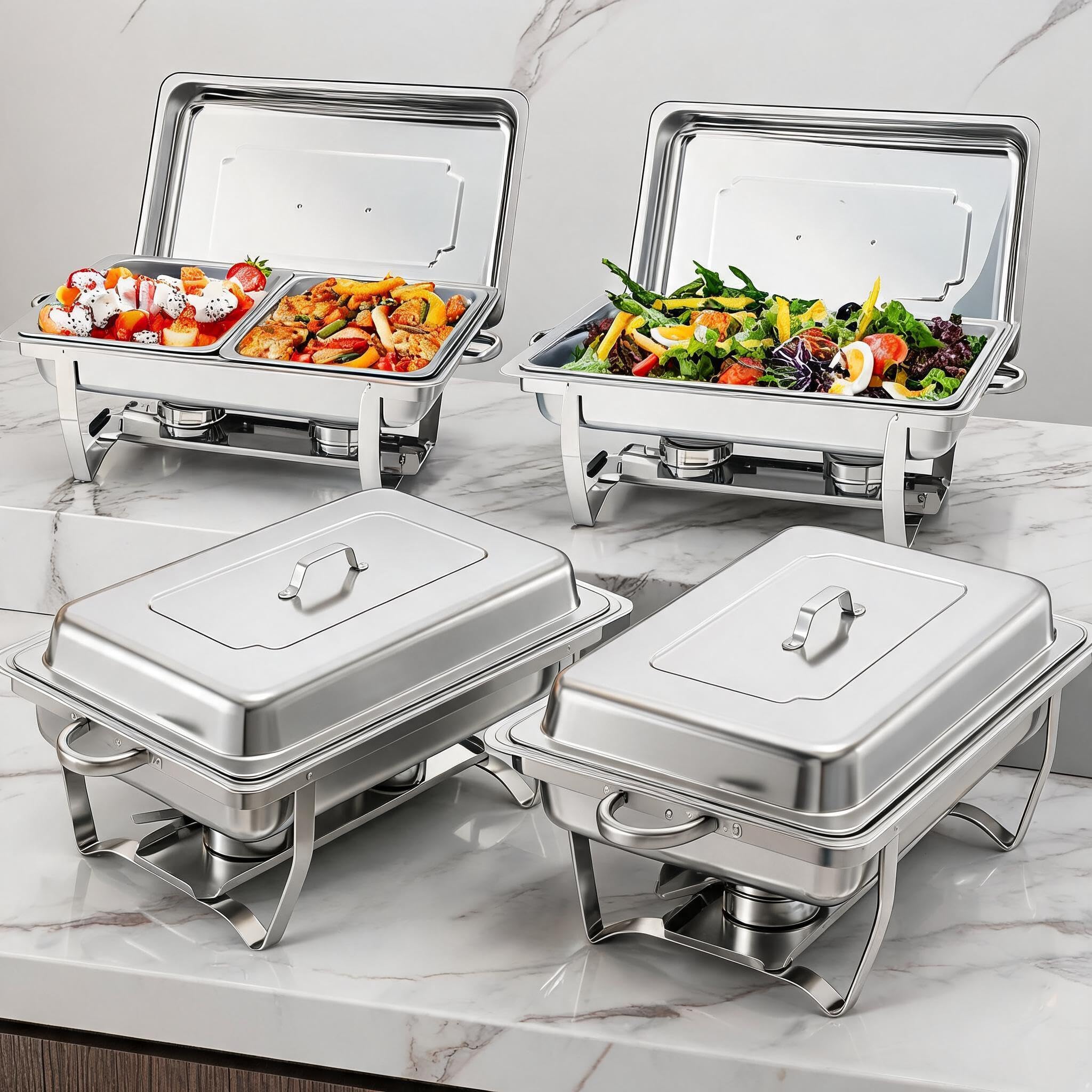 GarveeHome Chafing Dishes for Buffet 4 Pack, 8 Qt Stainless Steel Chafers and Food Warmers Sets with 6 Food Pans, Rectangle Chaf