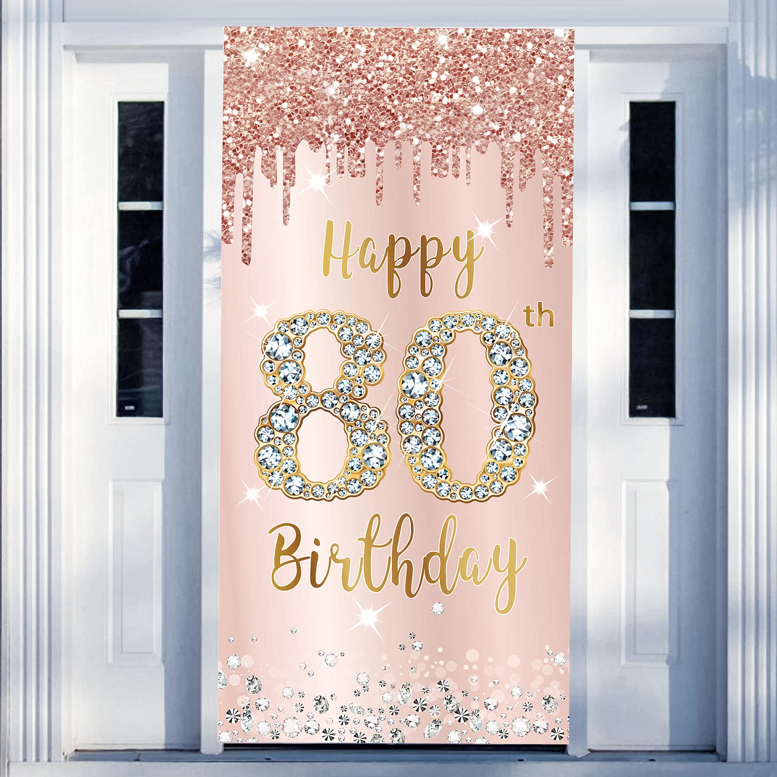 80Th Birthday Door Banner Decorations For Women, Pink Rose Gold Happy 80Th Birthday Door Cover Backdrop Party Supplies, Large 80