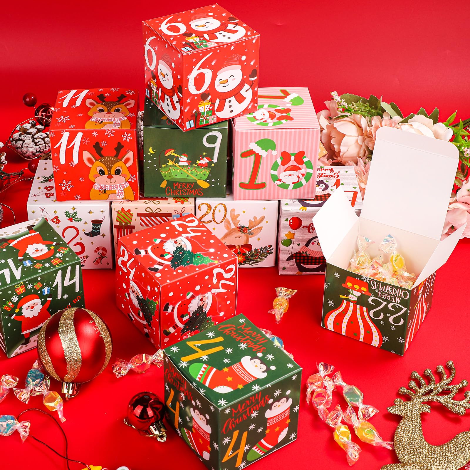 24pcs Christmas Advent Calendar Gift Boxes, 2.76 Inches 24 Days Mini Christmas Countdown Calendar Box Xmas Empty Present Boxes S