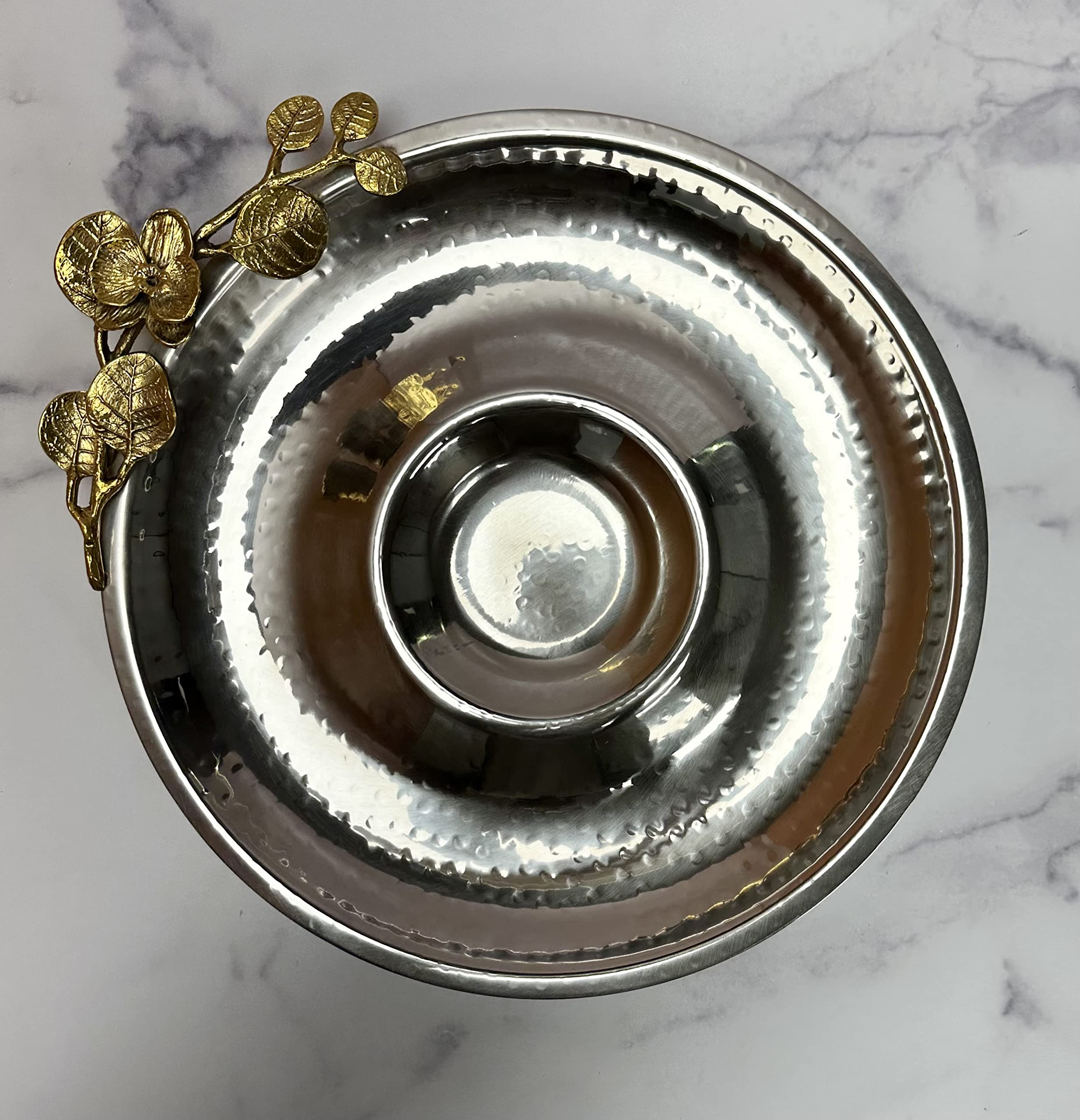 Decozen Chip And Dip Bowl With Orchid Accent - Elegant Serving Dish For Salad, Popcorn, Chips, Cereal, And Condiments - Fruit Bo