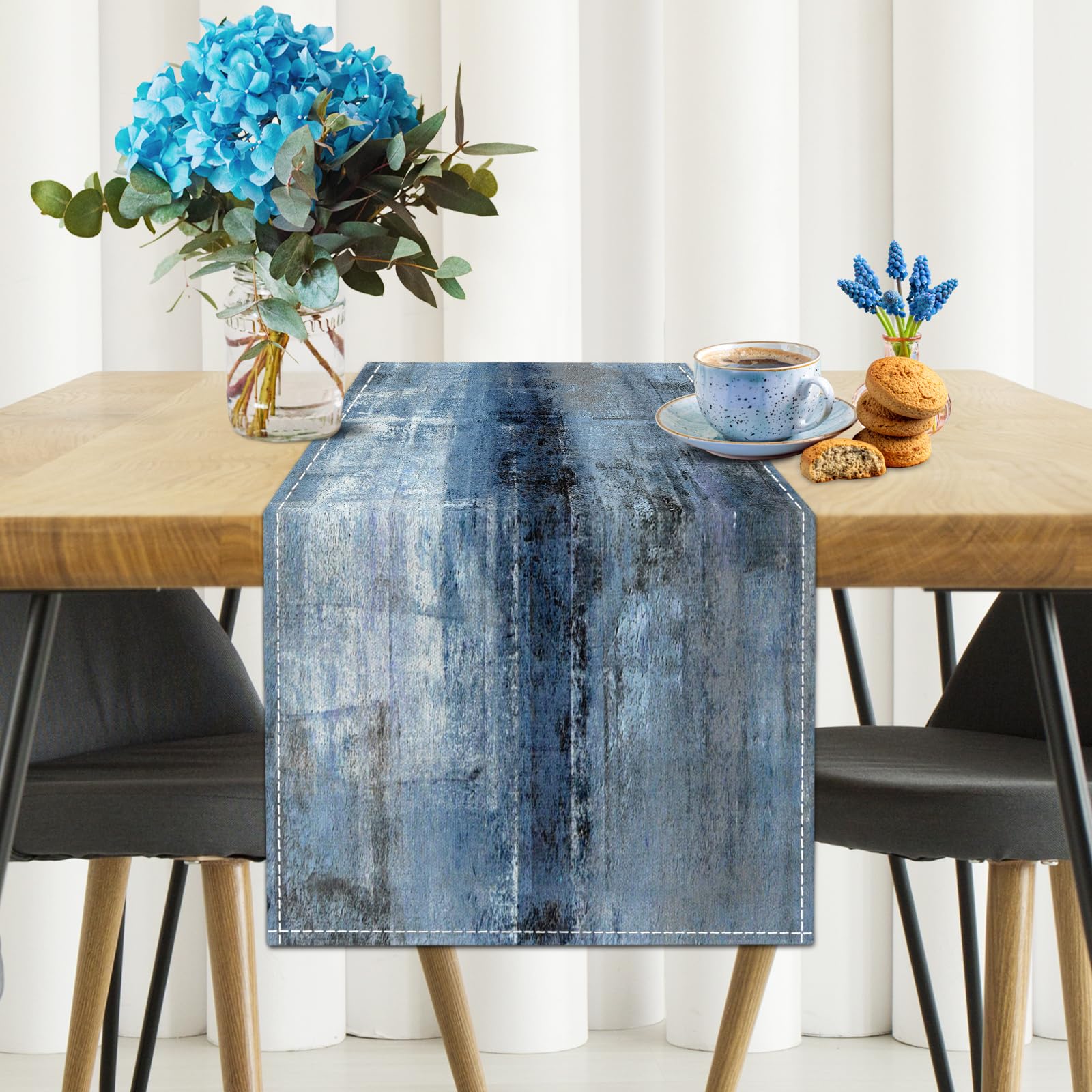 Blue Grey Long Table Runners Modern Art Farmhouse Linen Table Runners Dresser Scarves Retro Rustic Style for Party Kitchen Dinin