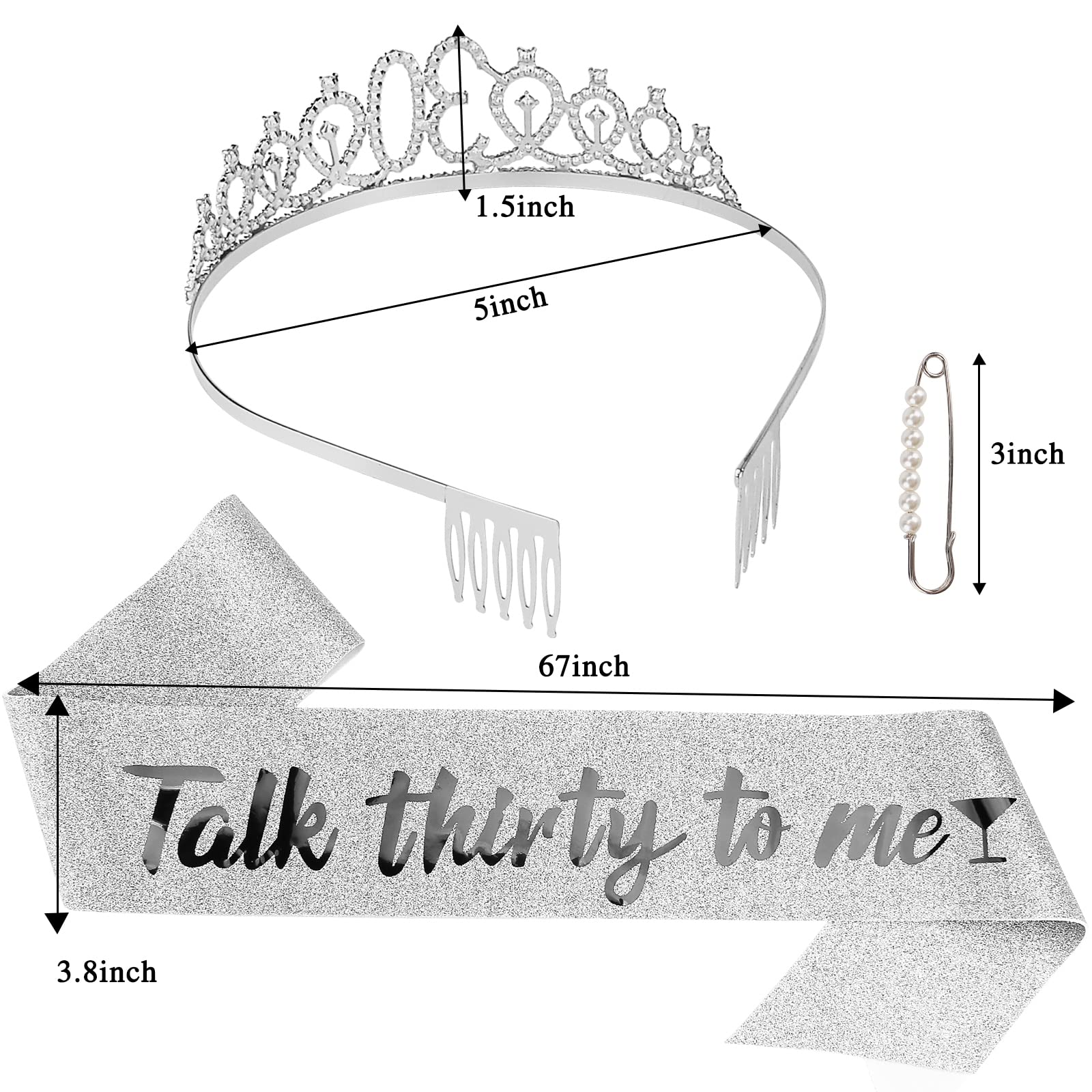 Semato 30th Birthday Sash & Rhinestone Tiara Kit, Silver, 5"x1.5", Perfect for Women's 30th Birthday Party Decorations