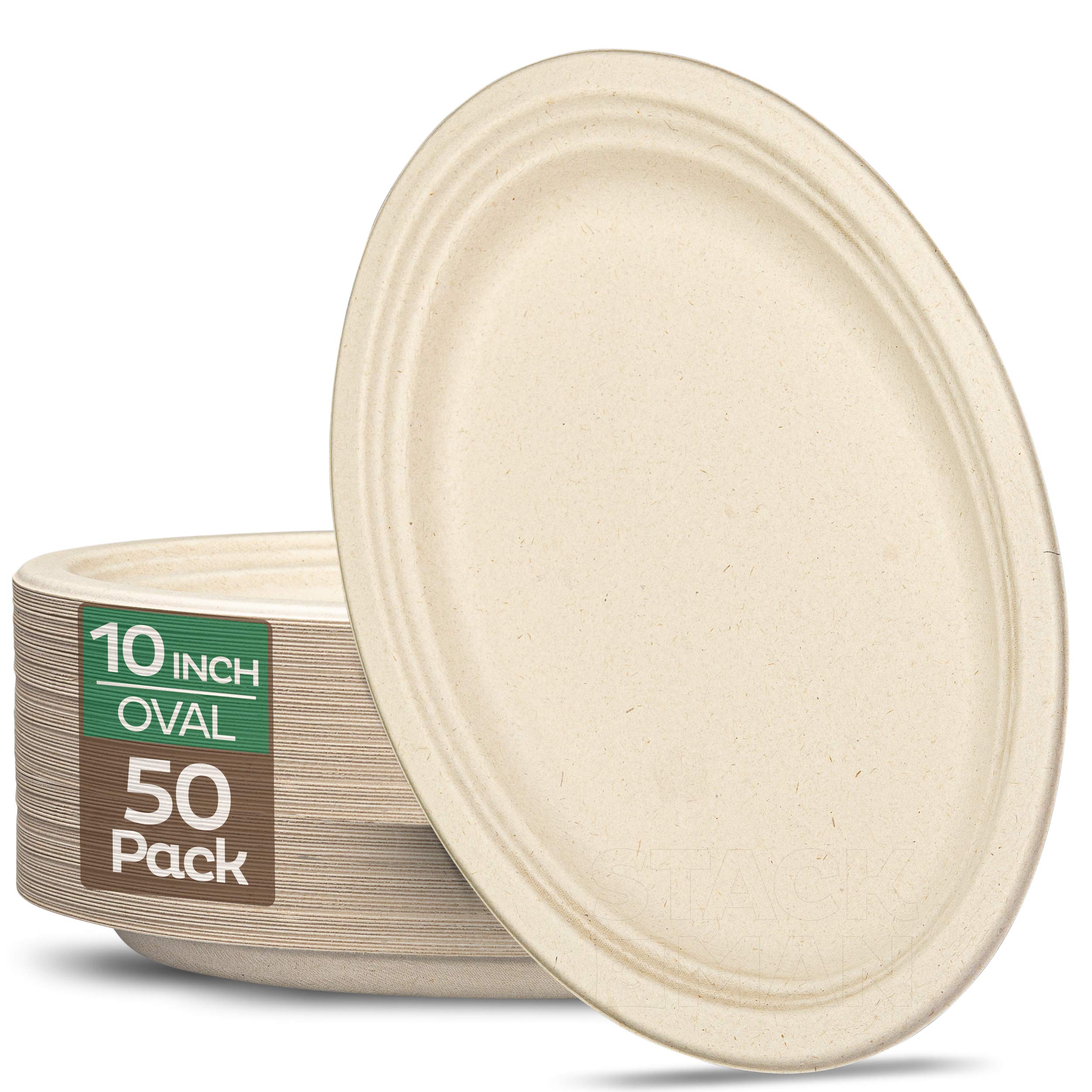 100% Compostable Oval Paper Plates [50-Pack] - {Pfas-Free} - {Bpi Certified} - [10 Inch] Heavy Duty, Eco-Friendly, Biodegradable
