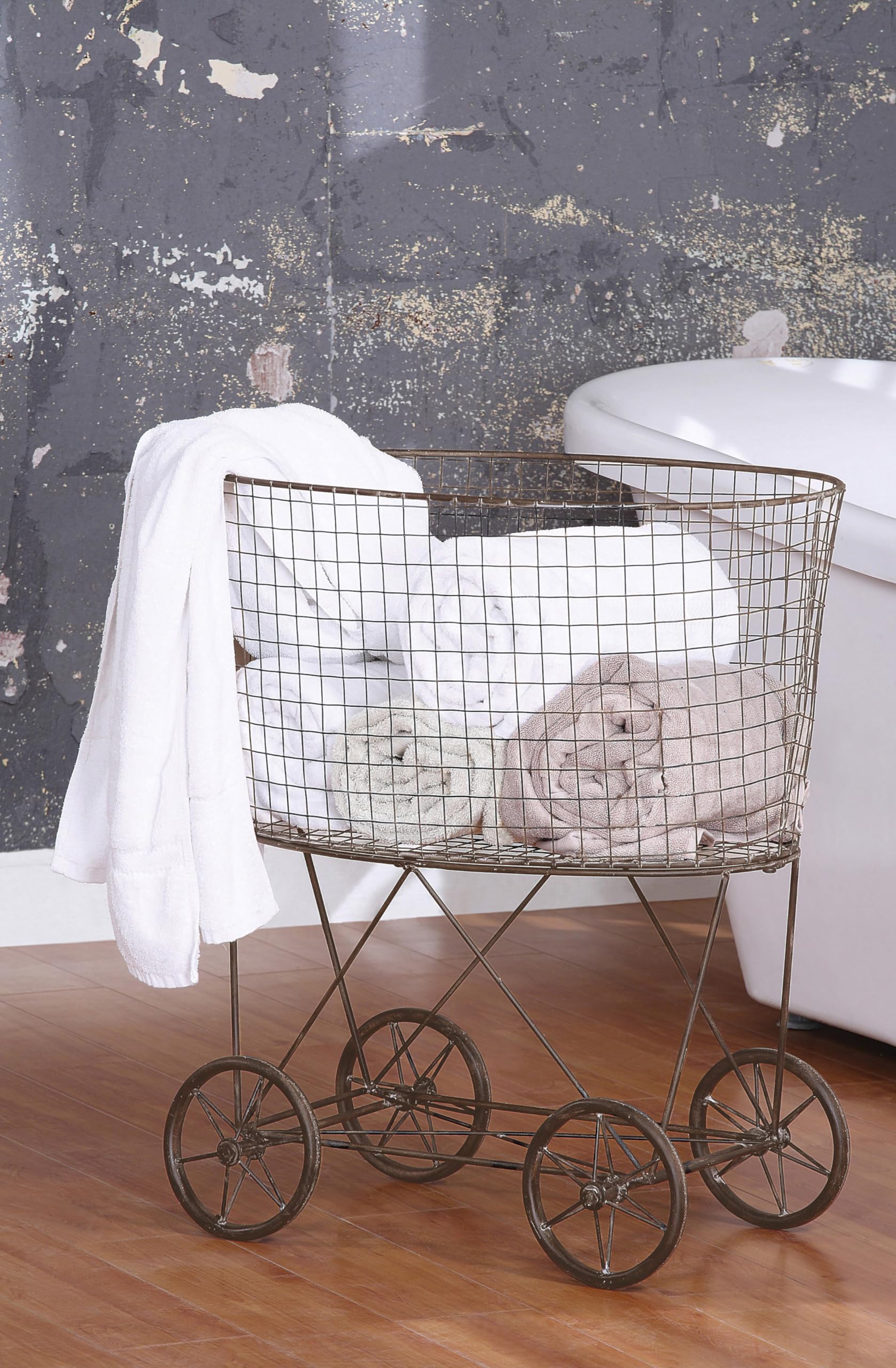 Creative Co-Op Vintage Reproduction Metal Laundry Basket On Wheels, Rust