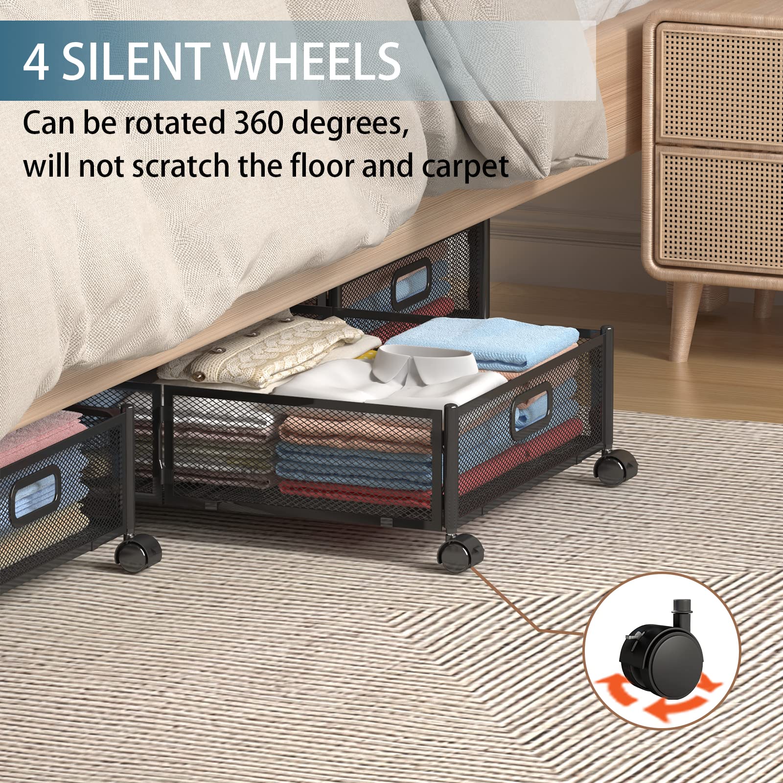 Under Bed Storage Containers, Under Bed Shoe Storage With Wheels, Foldable Bedroom Storage Organization with Handles, Under Bed