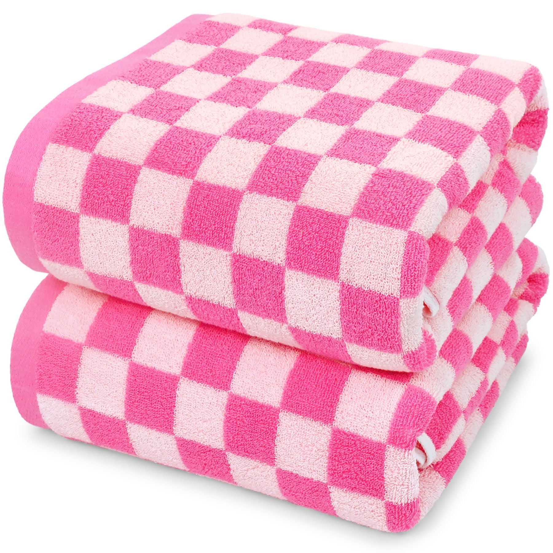 Jacquotha Hot-Pink Checkered Cotton Bath Towels Set Of 2 - Cute Aesthetic Bathroom Towels For Women Girls Teens 27.5 X 55
