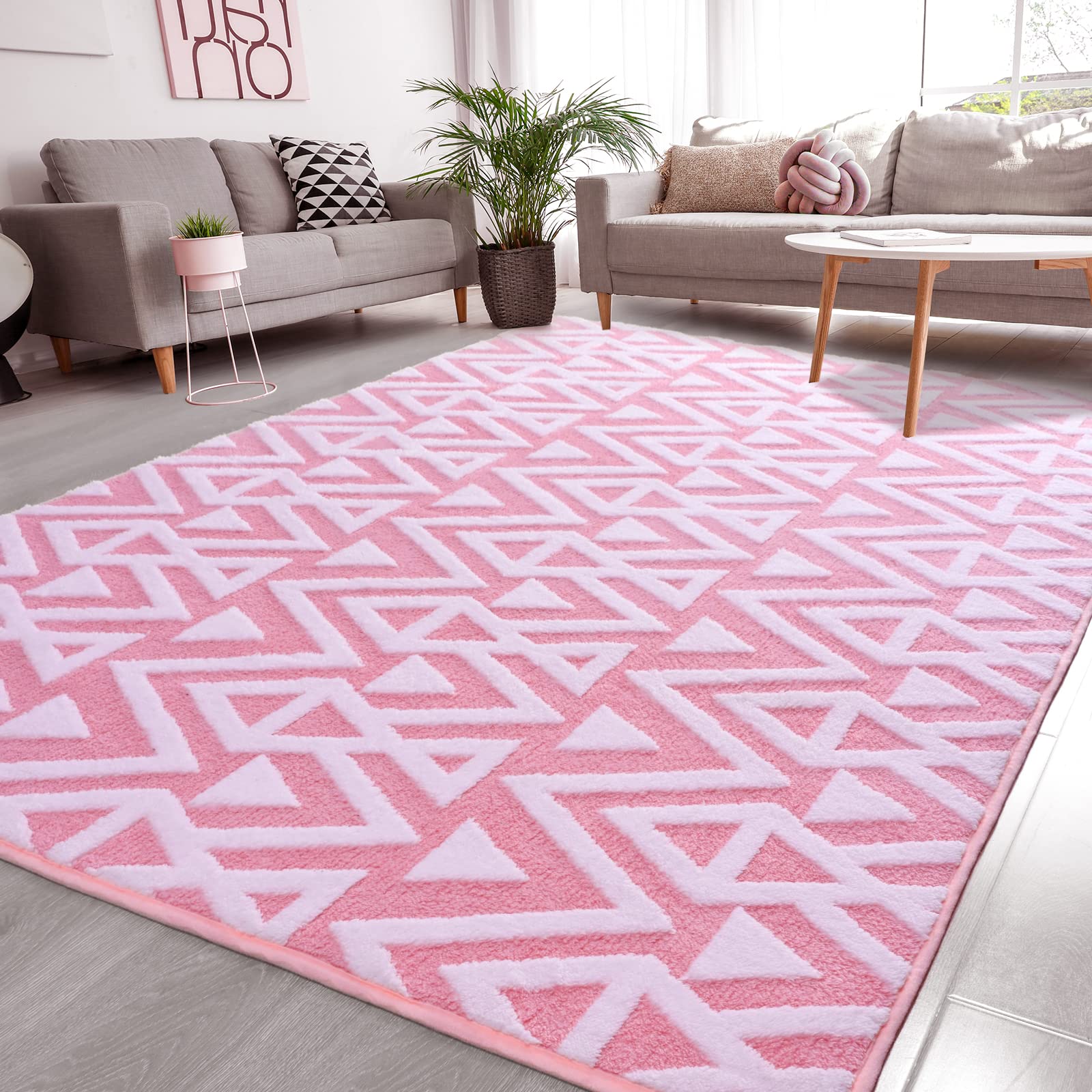 Ompaa Ultra Soft Shaggy Rugs Memory Foam Bedroom Carpet, Pink 6 x 9 Feet, Plush Geometric Textured Area Rugs for Living Room Cou