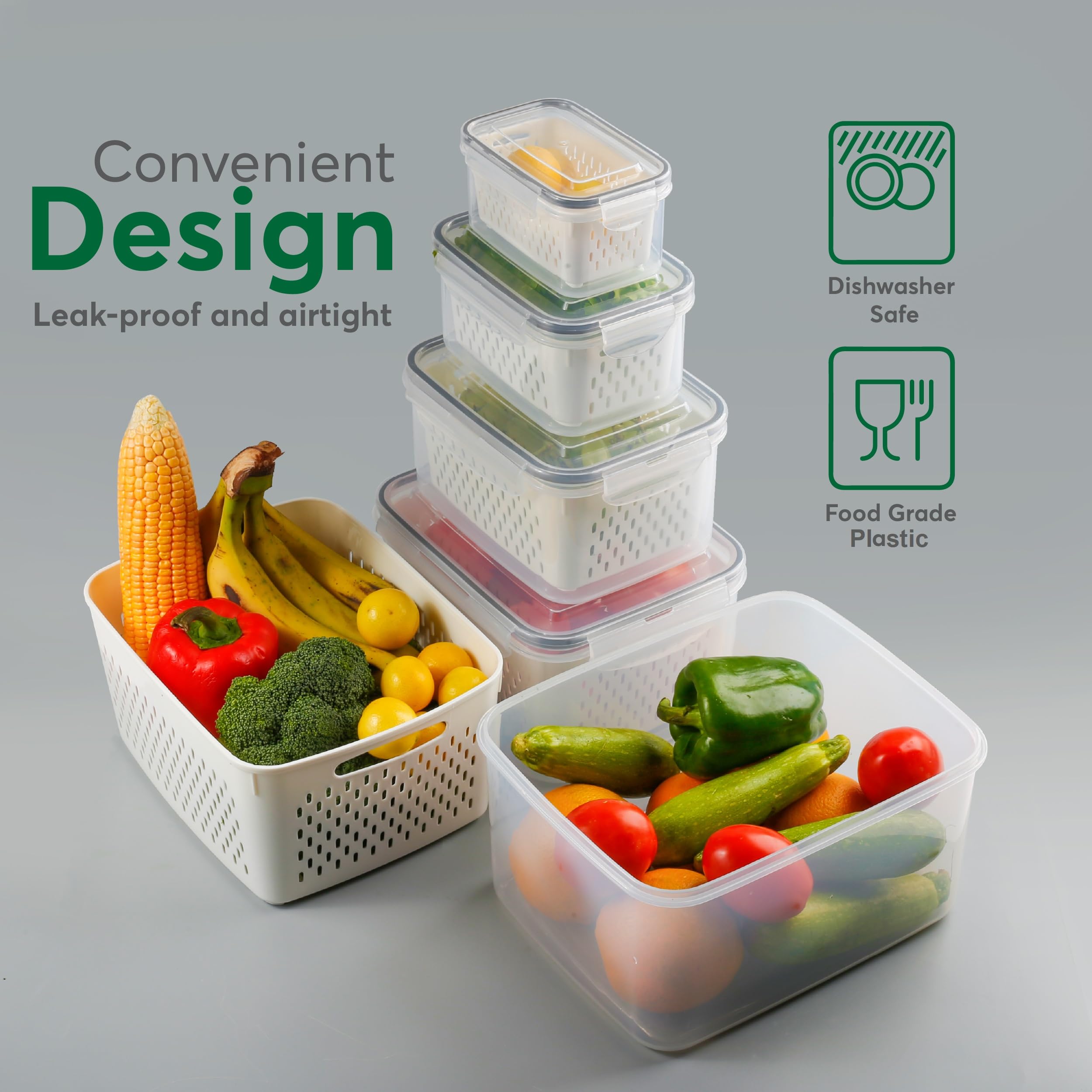Breezyhome 5 Pcs Fruit Storage Containers For Fridge With Colanders Dishwasher Safe, Leakproof Fruit And Vegetable Storage Bpa-F
